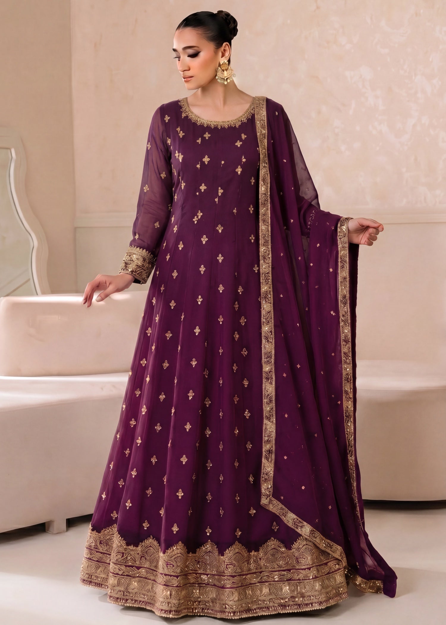 chiffon Pishwas in Plum purple