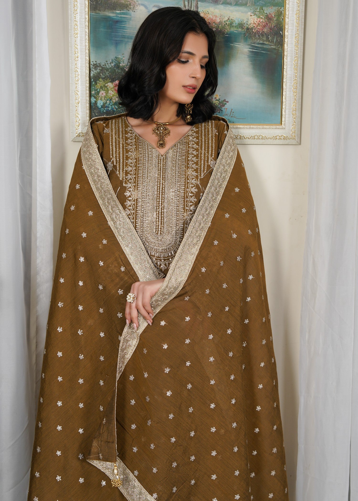 paper lawn Pishwas in Brown