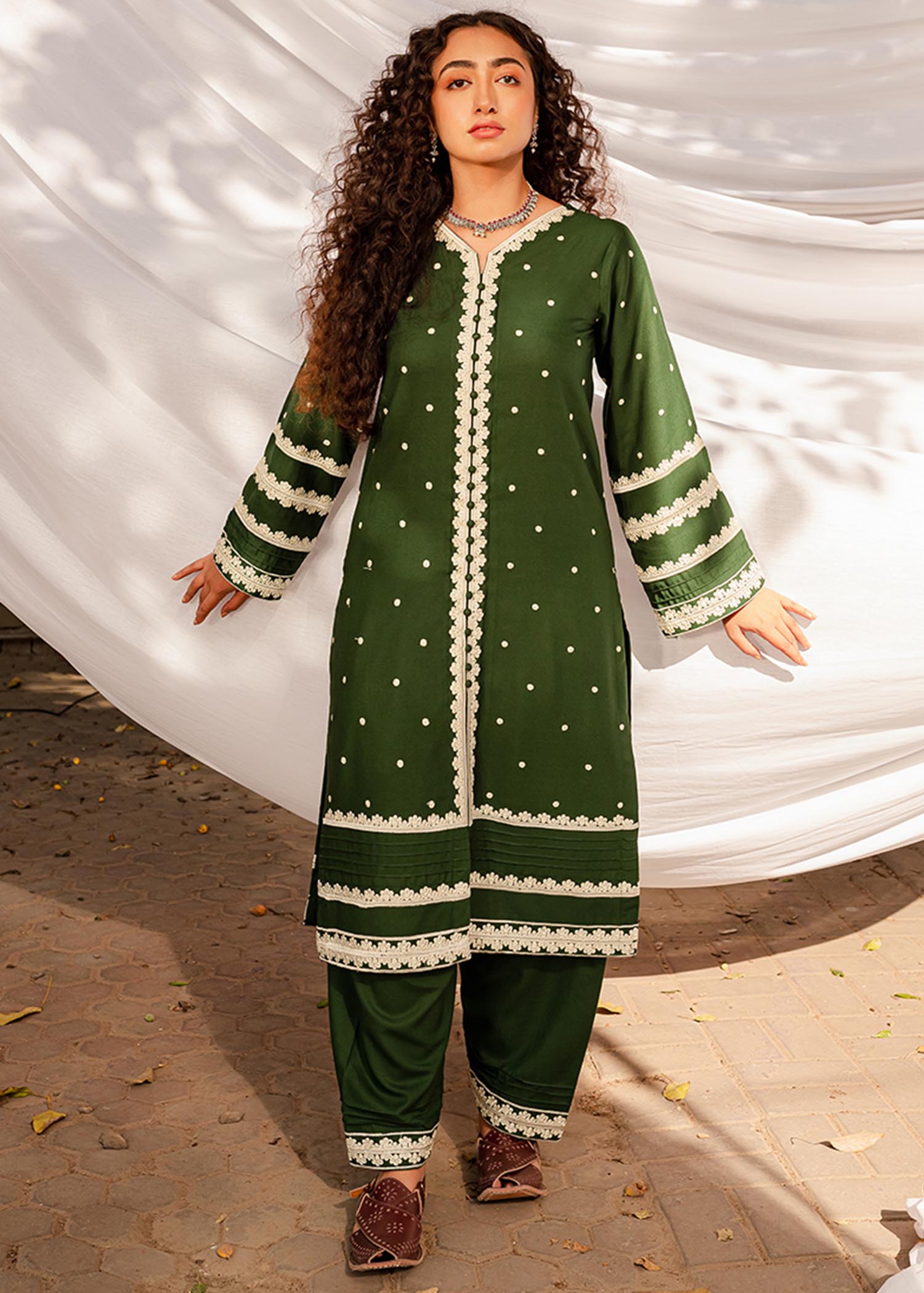 linen Kurti in Dark green