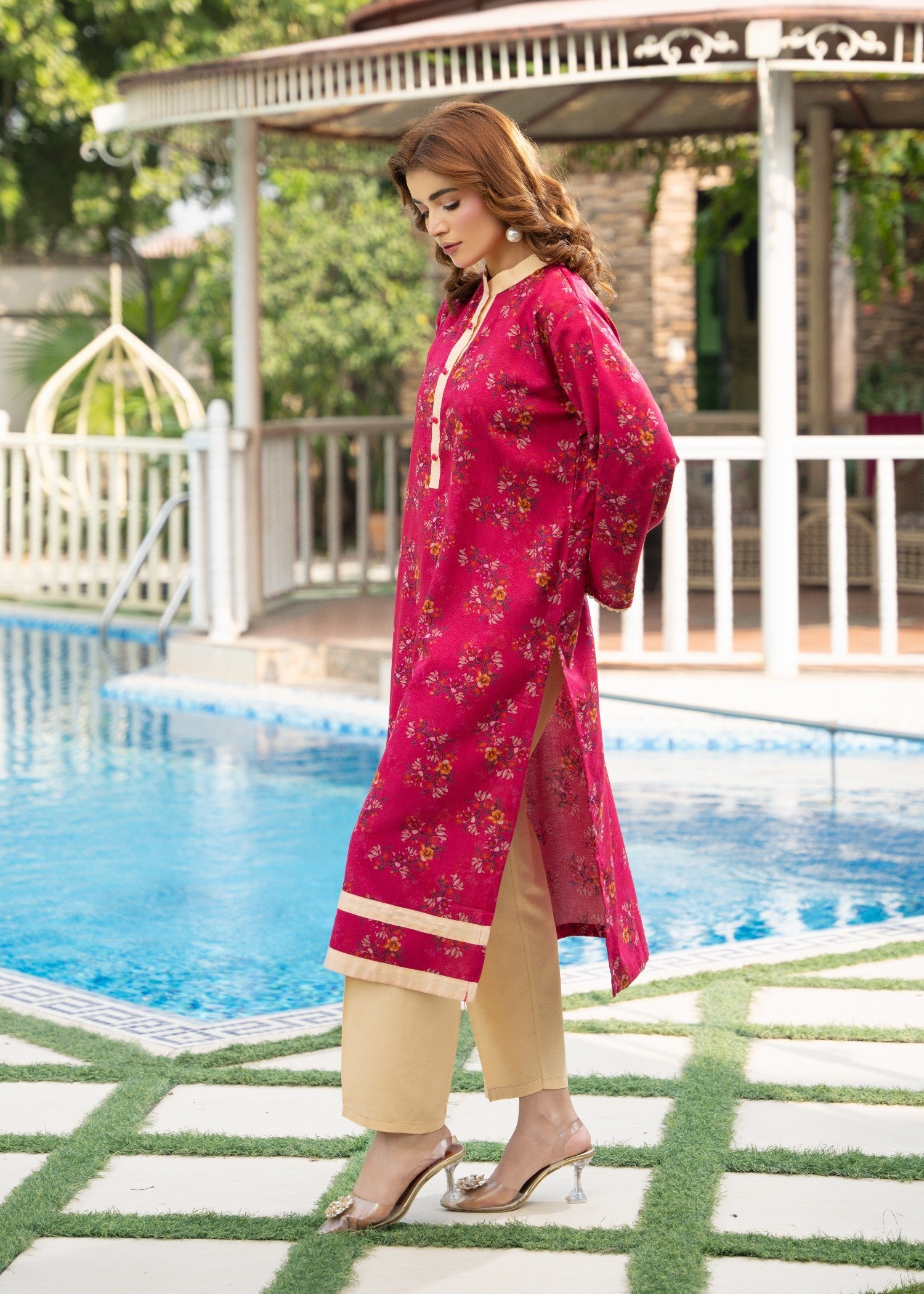 dhanak Kurta Set in Deep pink