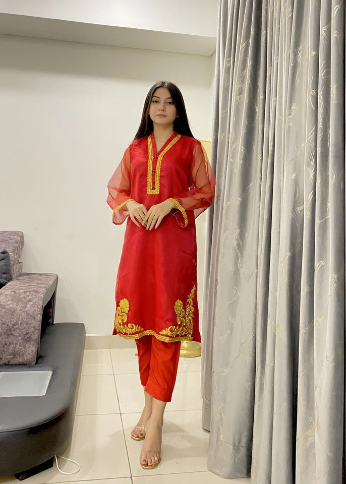 cotton net Kurta Set in Red