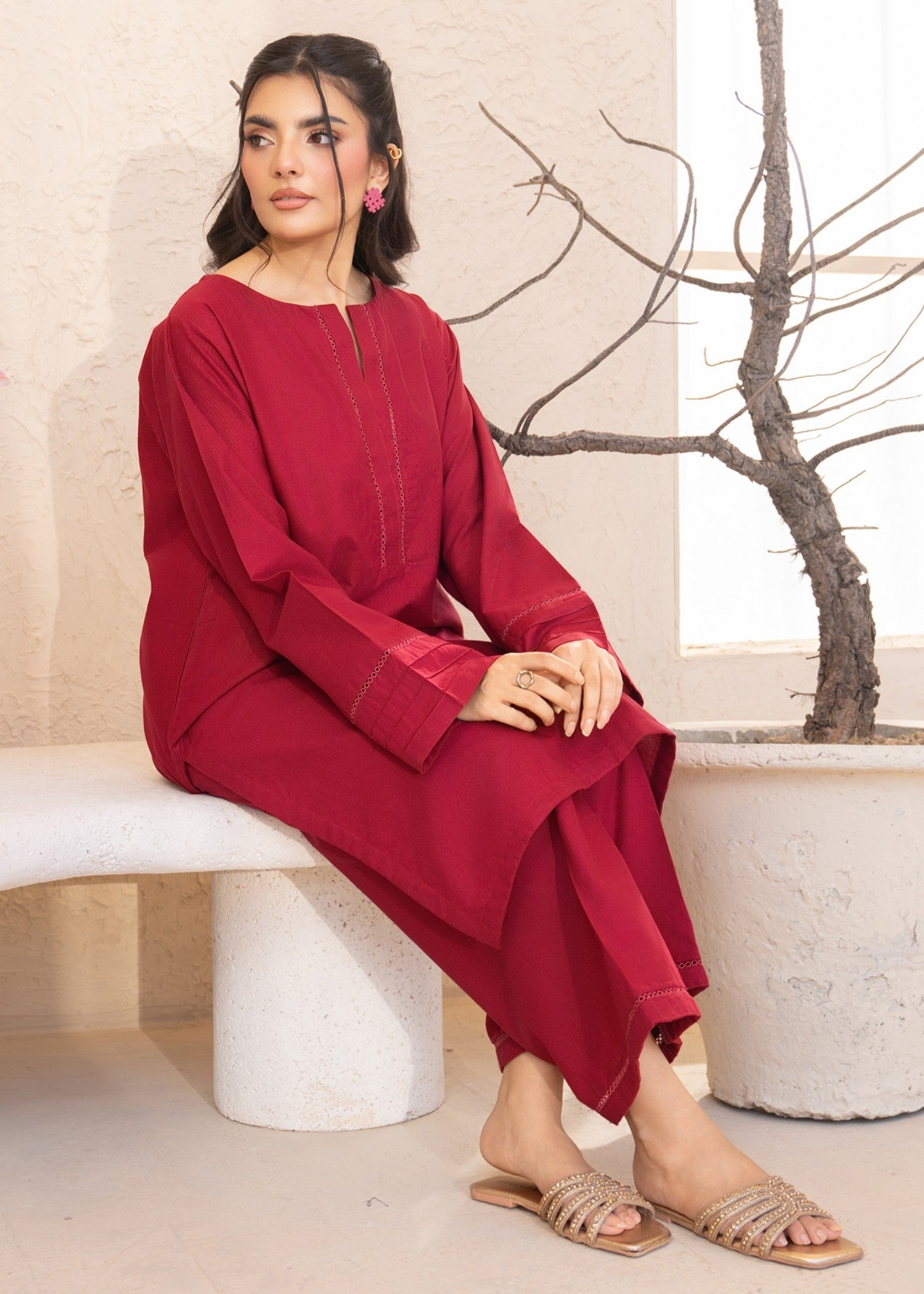 khaddar Kurta Set in Deep pink