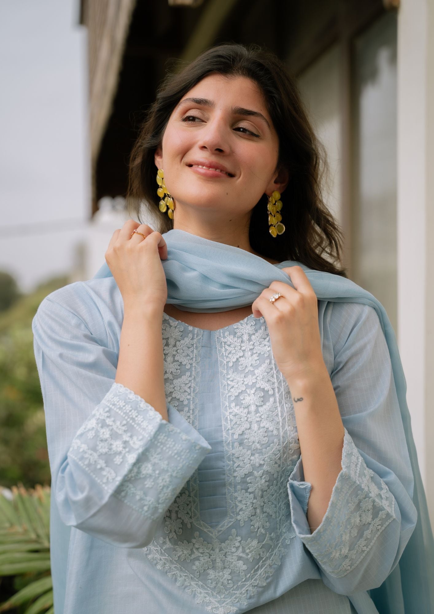 lawn Kurta Set in Ice blue, lemon chiffon