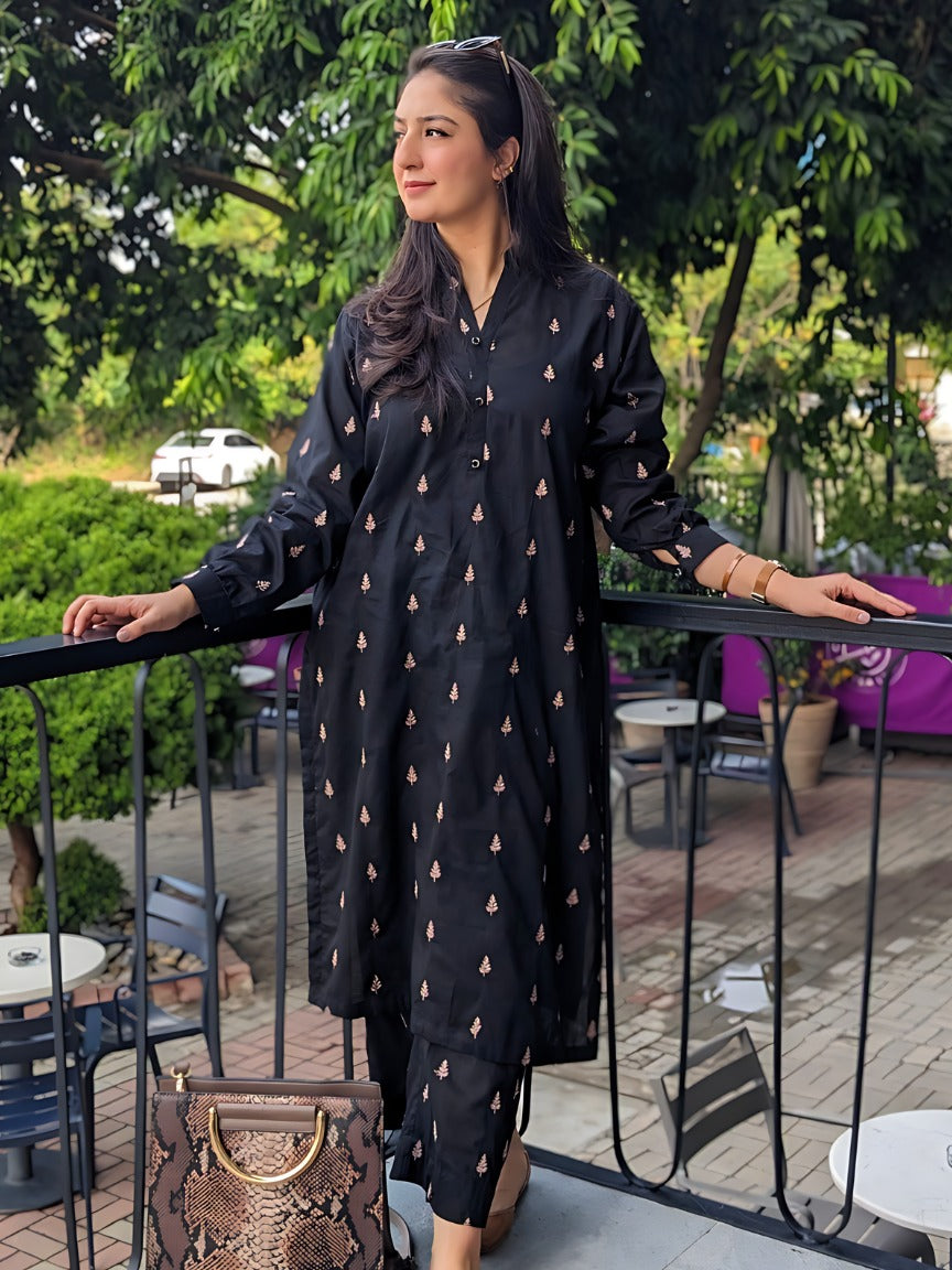 ribbed lawn Kurta Set in Black