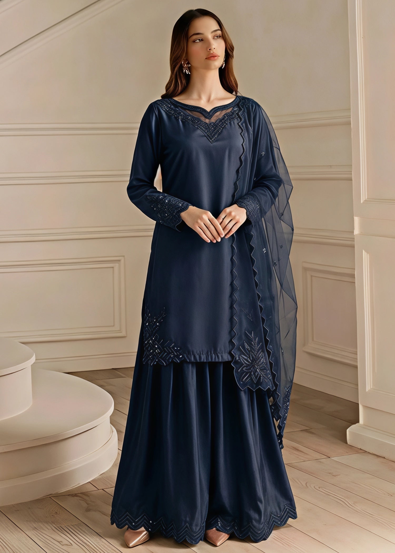 silk Sharara in Dark blue