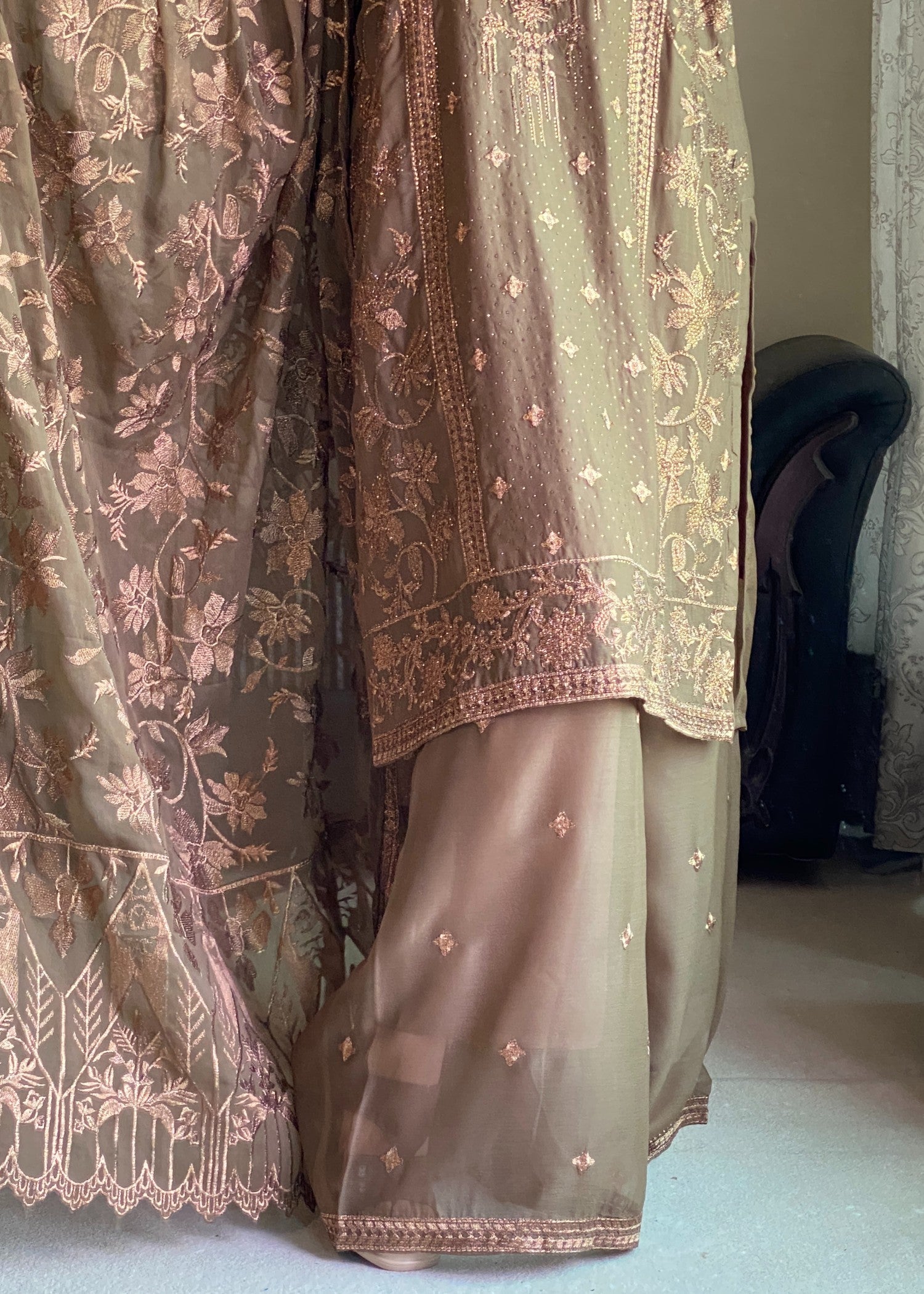 chiffon Kurta Set in Chocolate brown