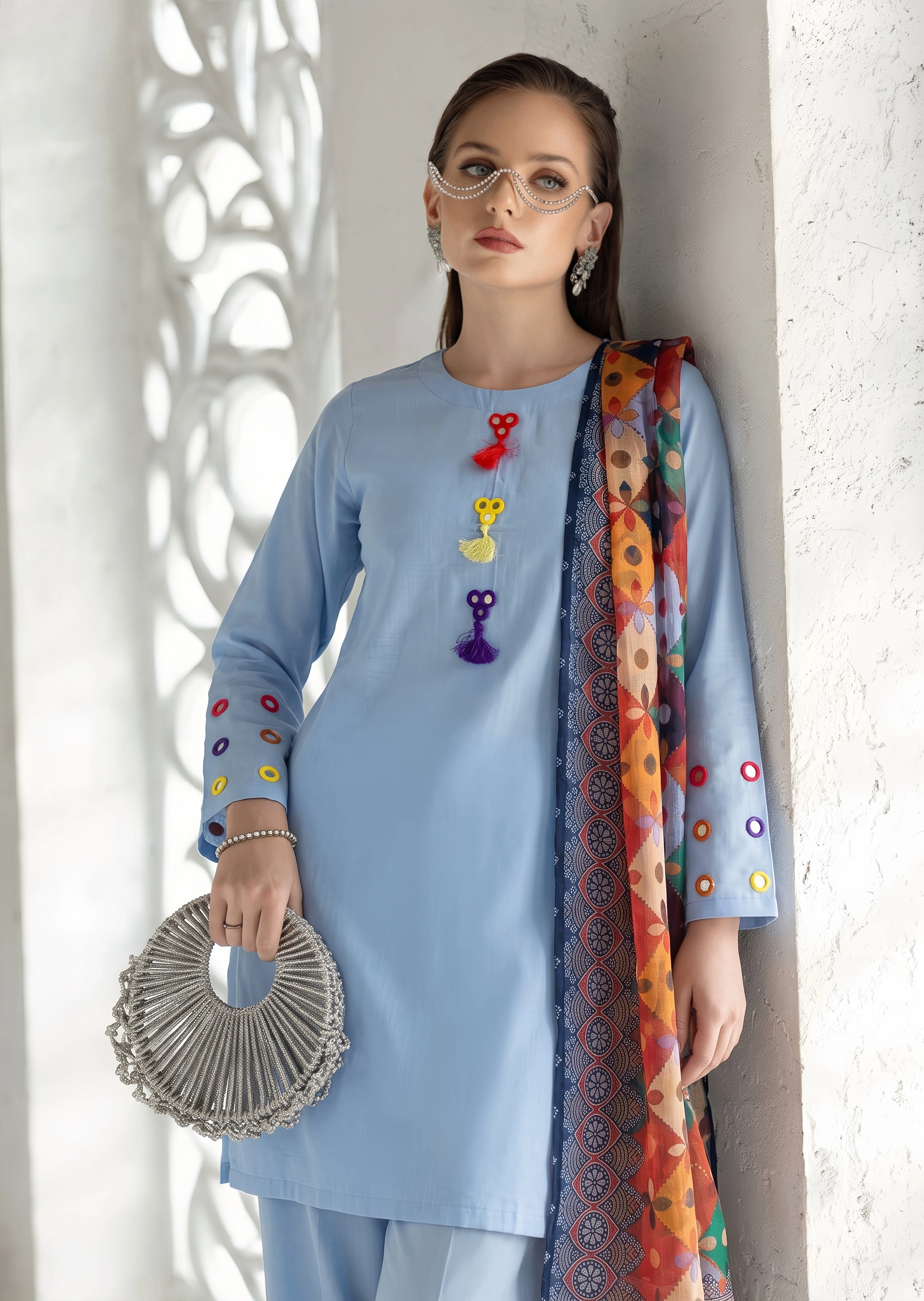 khaddi silk Kurta Set in Powder blue