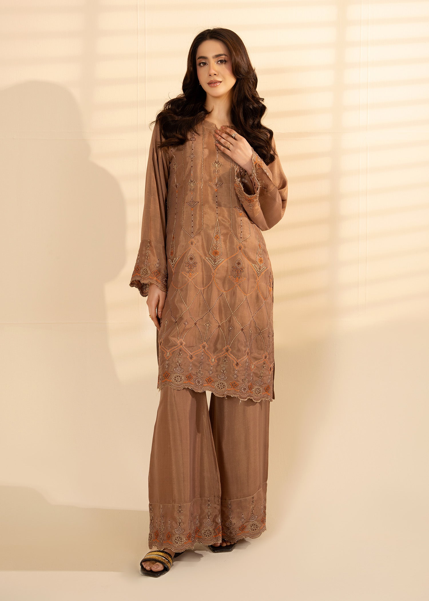 viscose raw silk Kurta Set in Brown