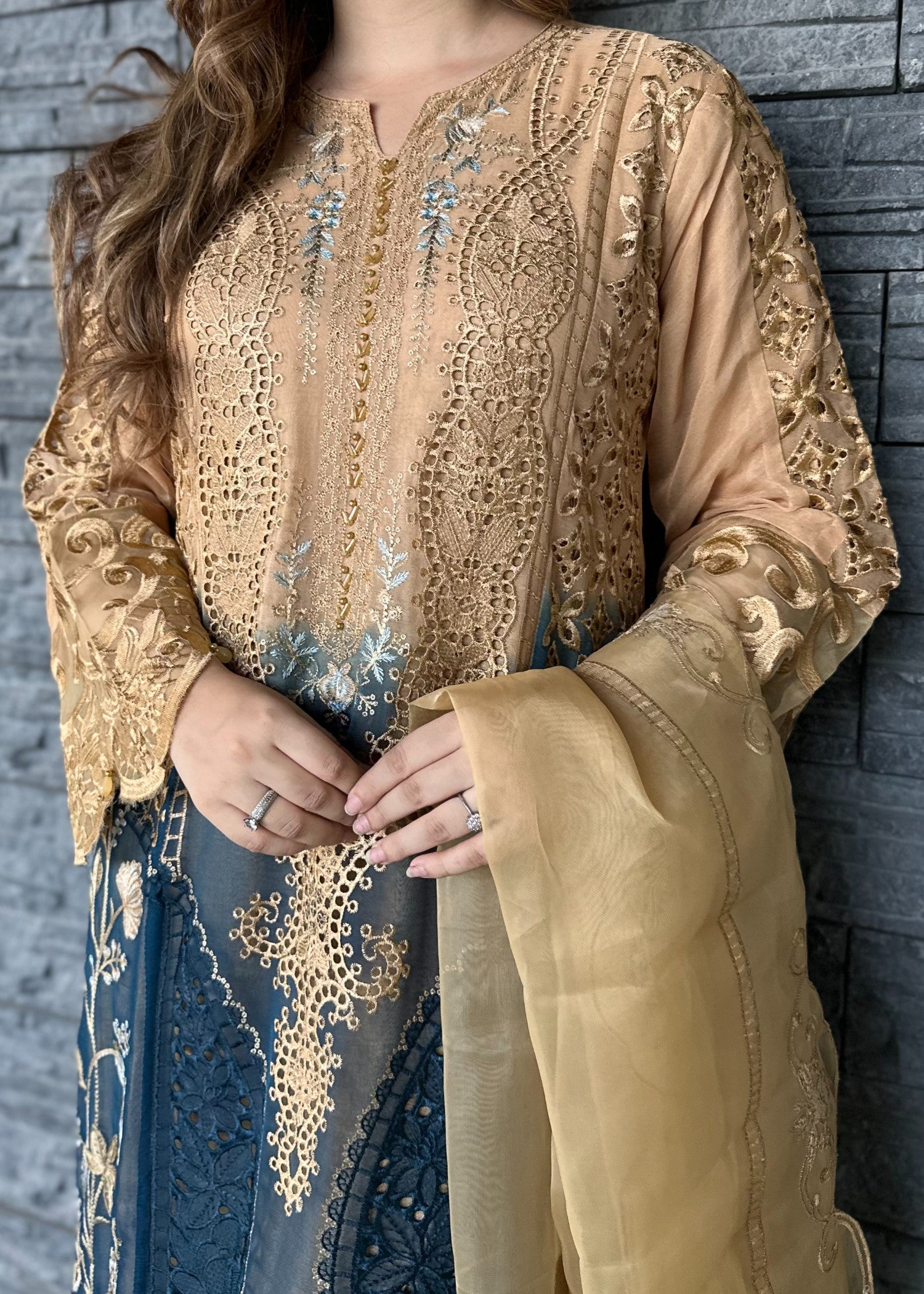 chiffon Kurta Set in Teal, buttercream