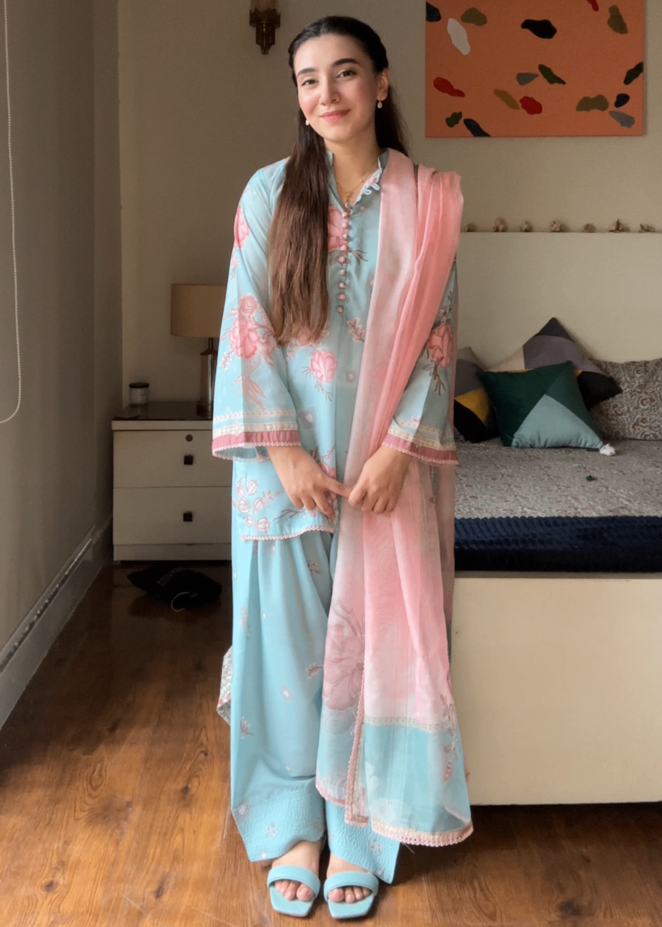 silk finish lawn Kurta Set in Sky blue