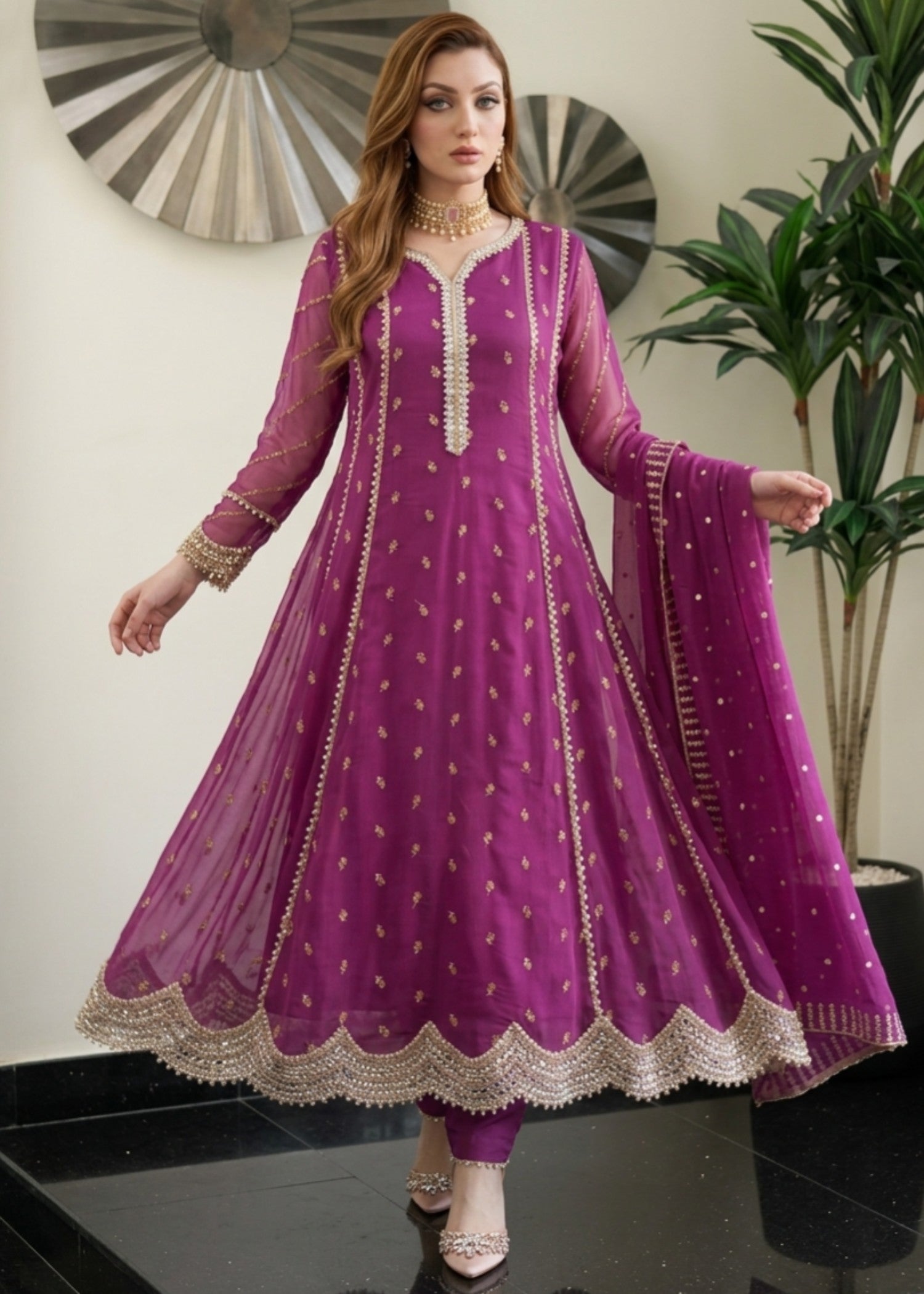 chiffon Pishwas in Mauve