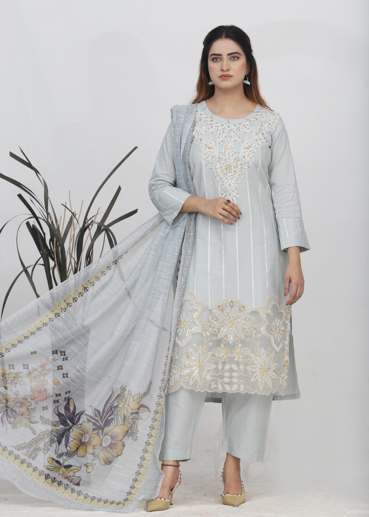 cotton Kurta Set in Light grey