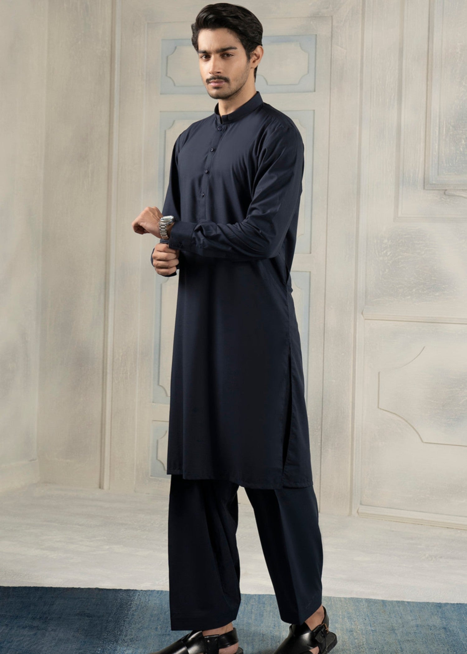 blended satin Shalwar Kameez in Navy blue