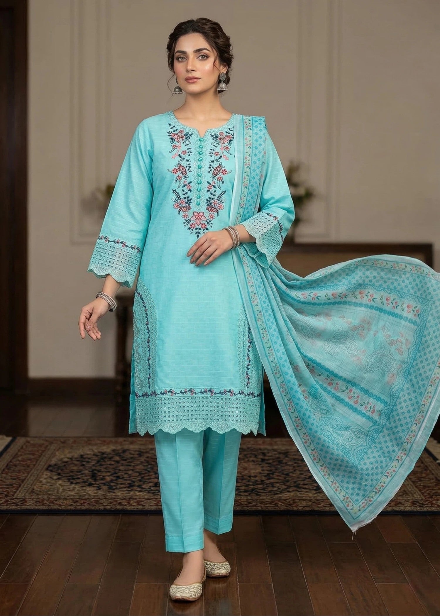 cambric cotton Kurta Set in Sky
