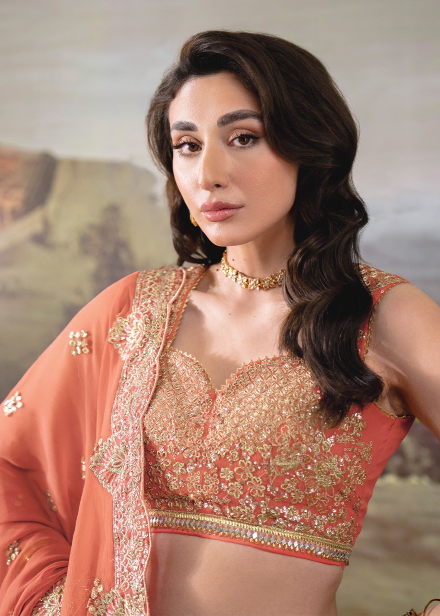 chiffon Lehenga in Coral orange