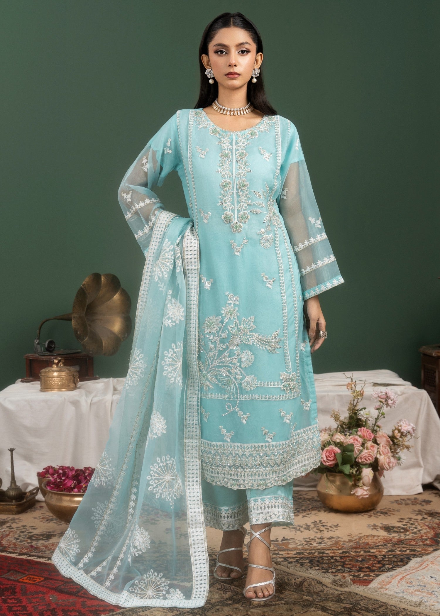 organza Kurta Set in Light blue