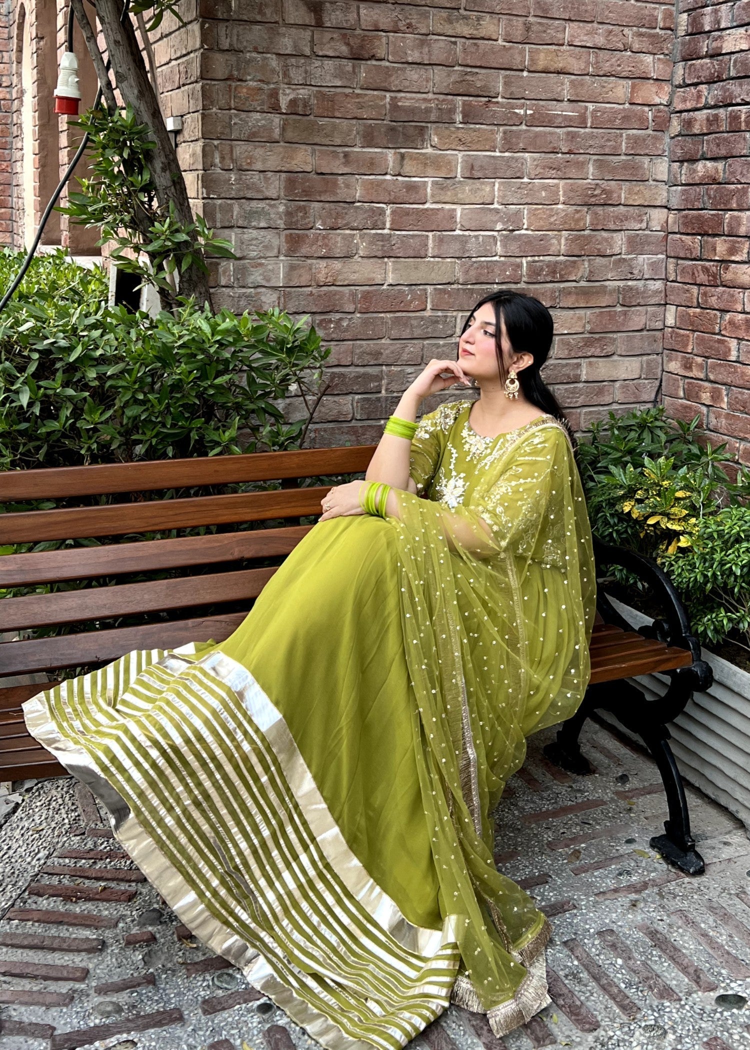 bemberg crinkle chiffon Lehenga in Olive green