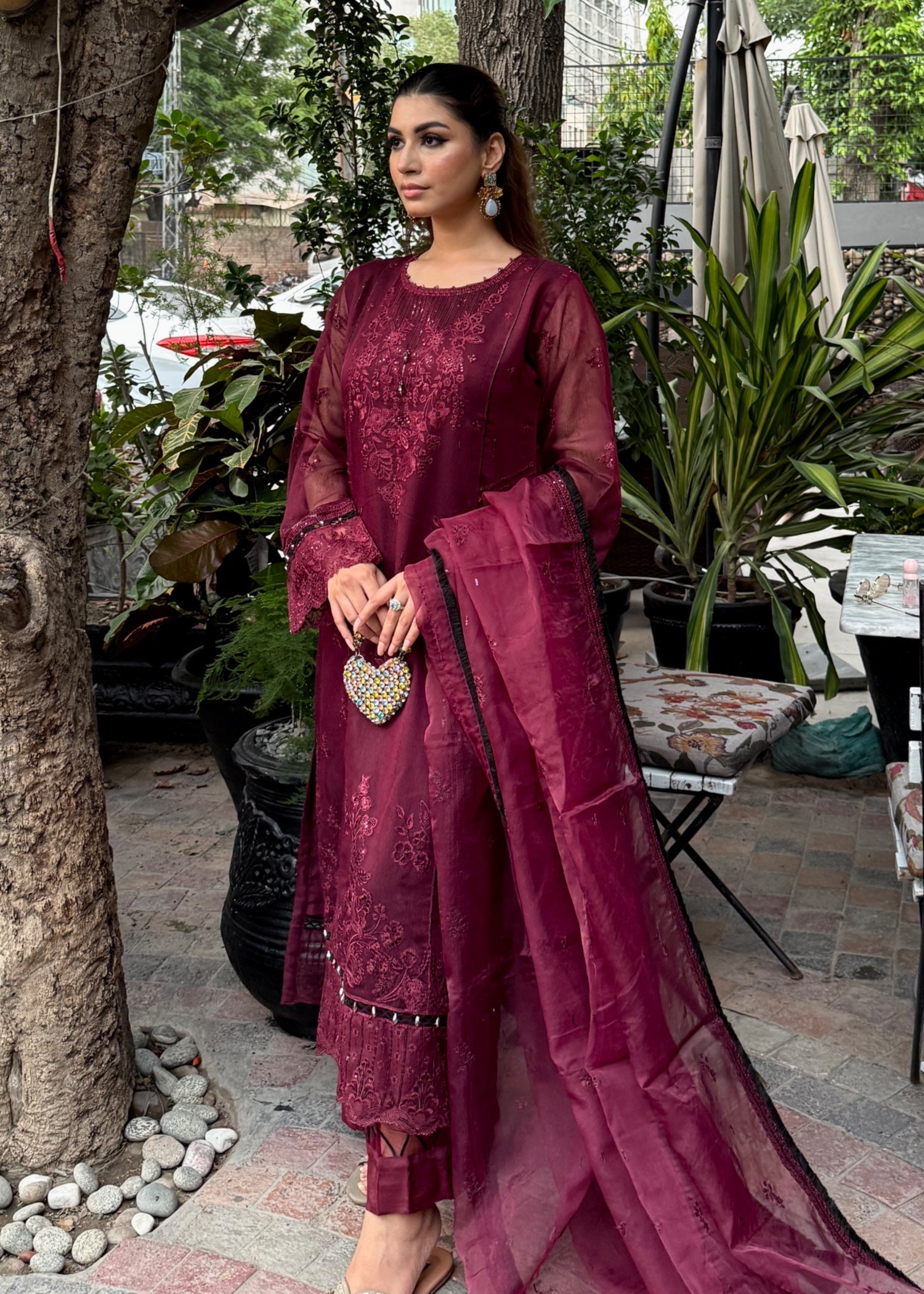 khaddi net Kurta Set in Plum