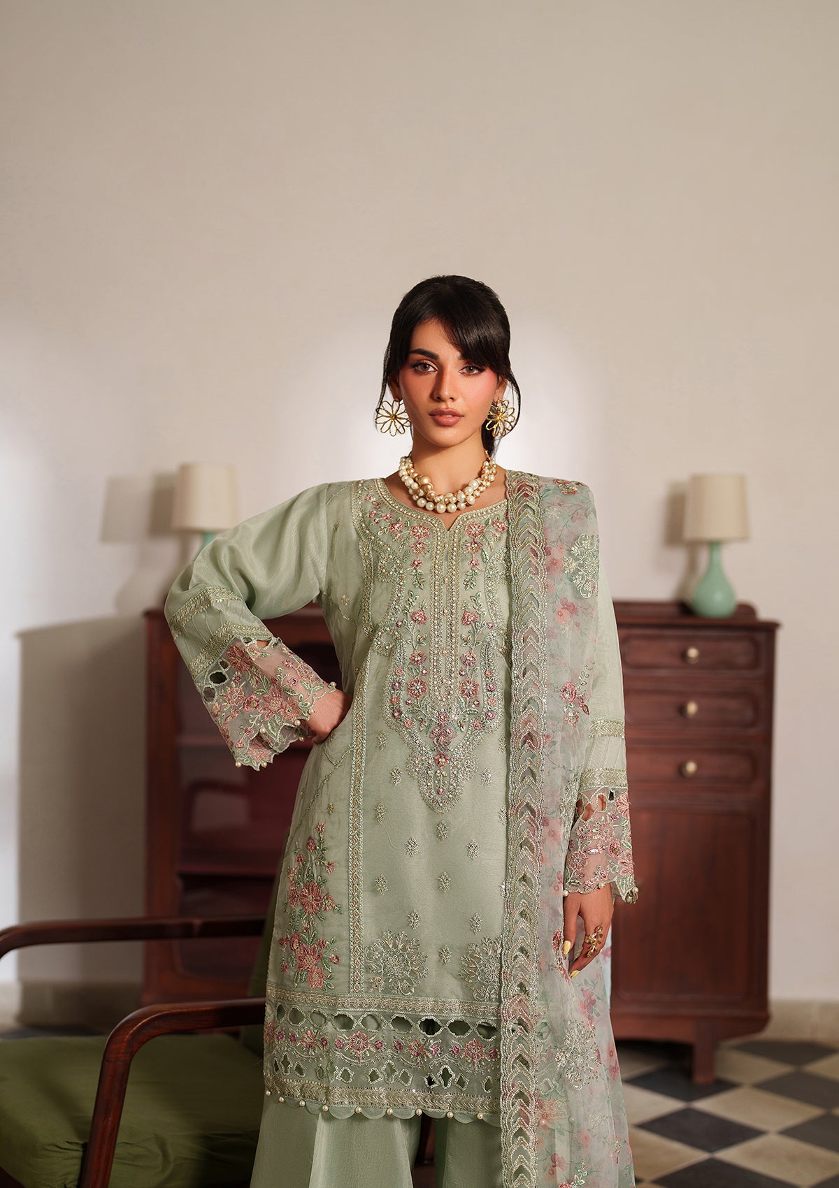 organza Kurta Set in Pistachio green