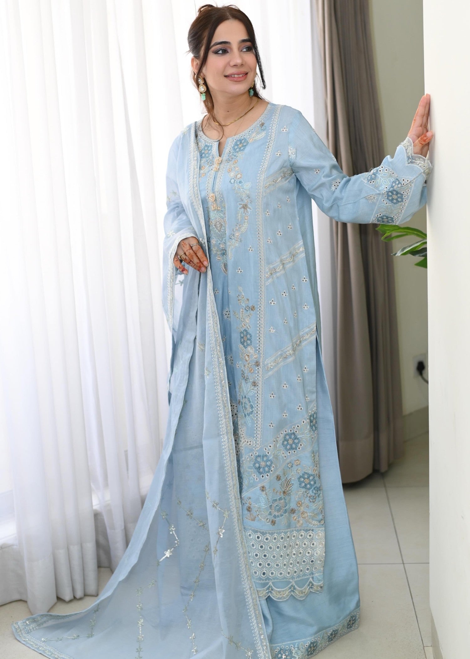 korean raw silk Sharara in Powder blue