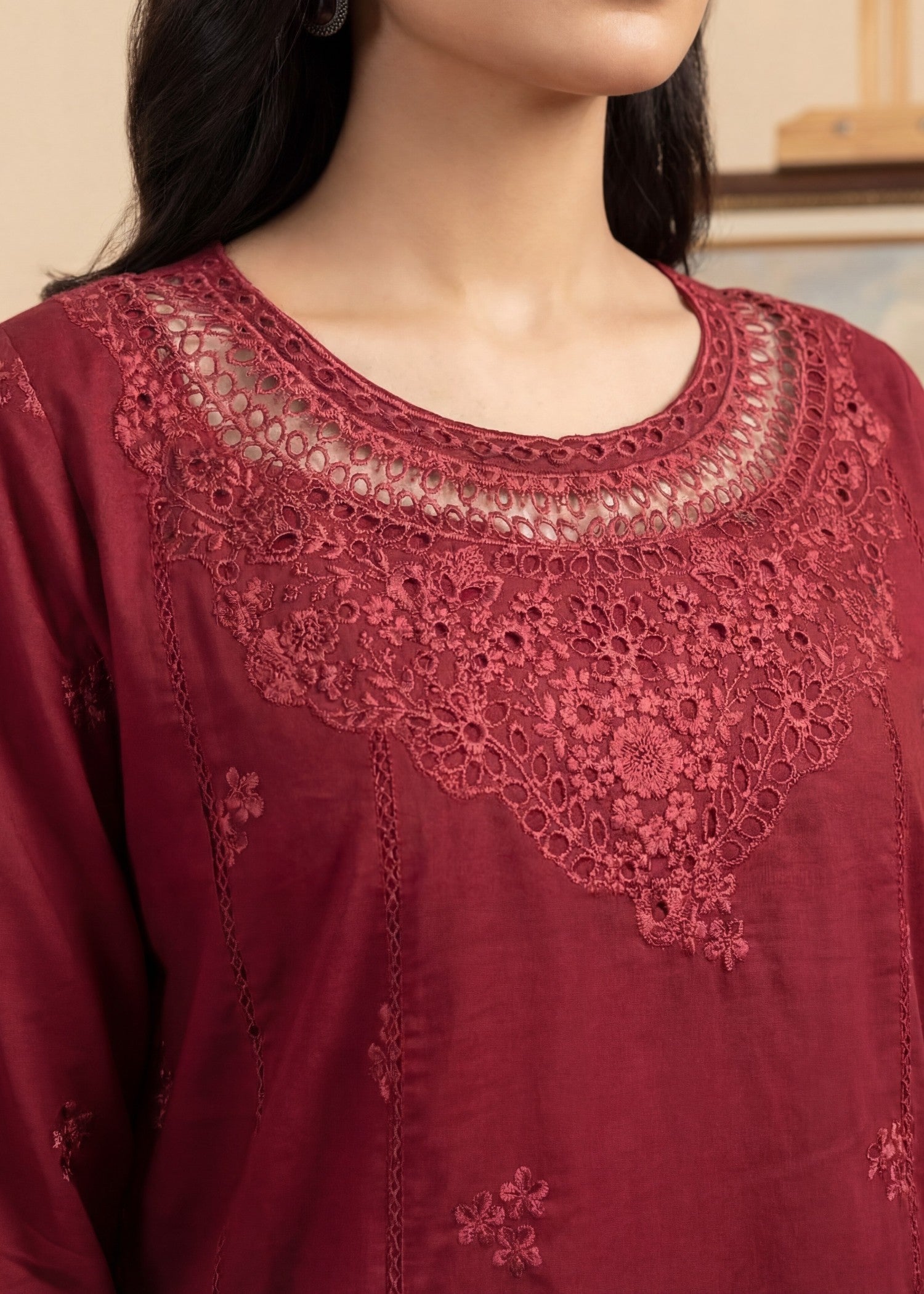 cotton Kurta Set in Maroon, brick red