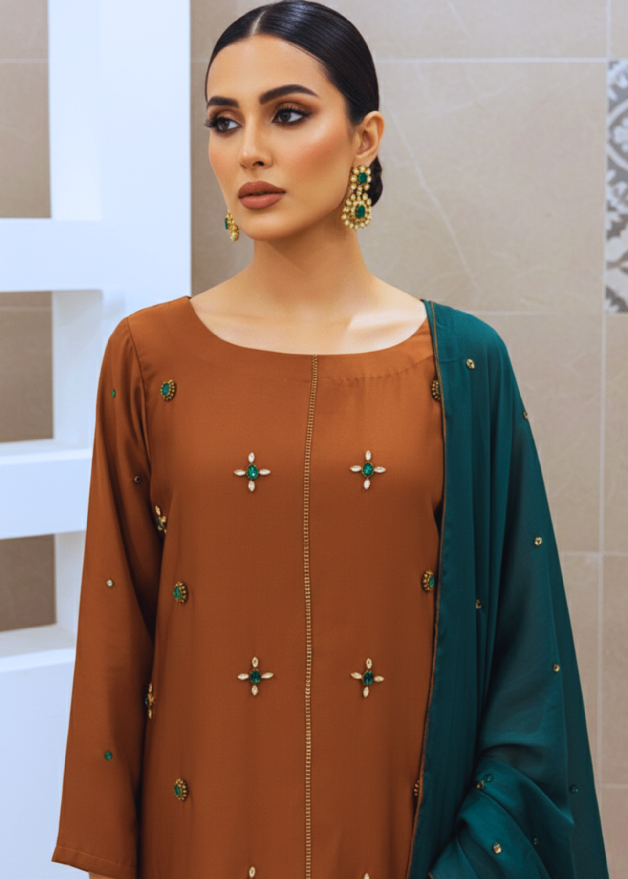 silk Kurta Set in Saffron, green