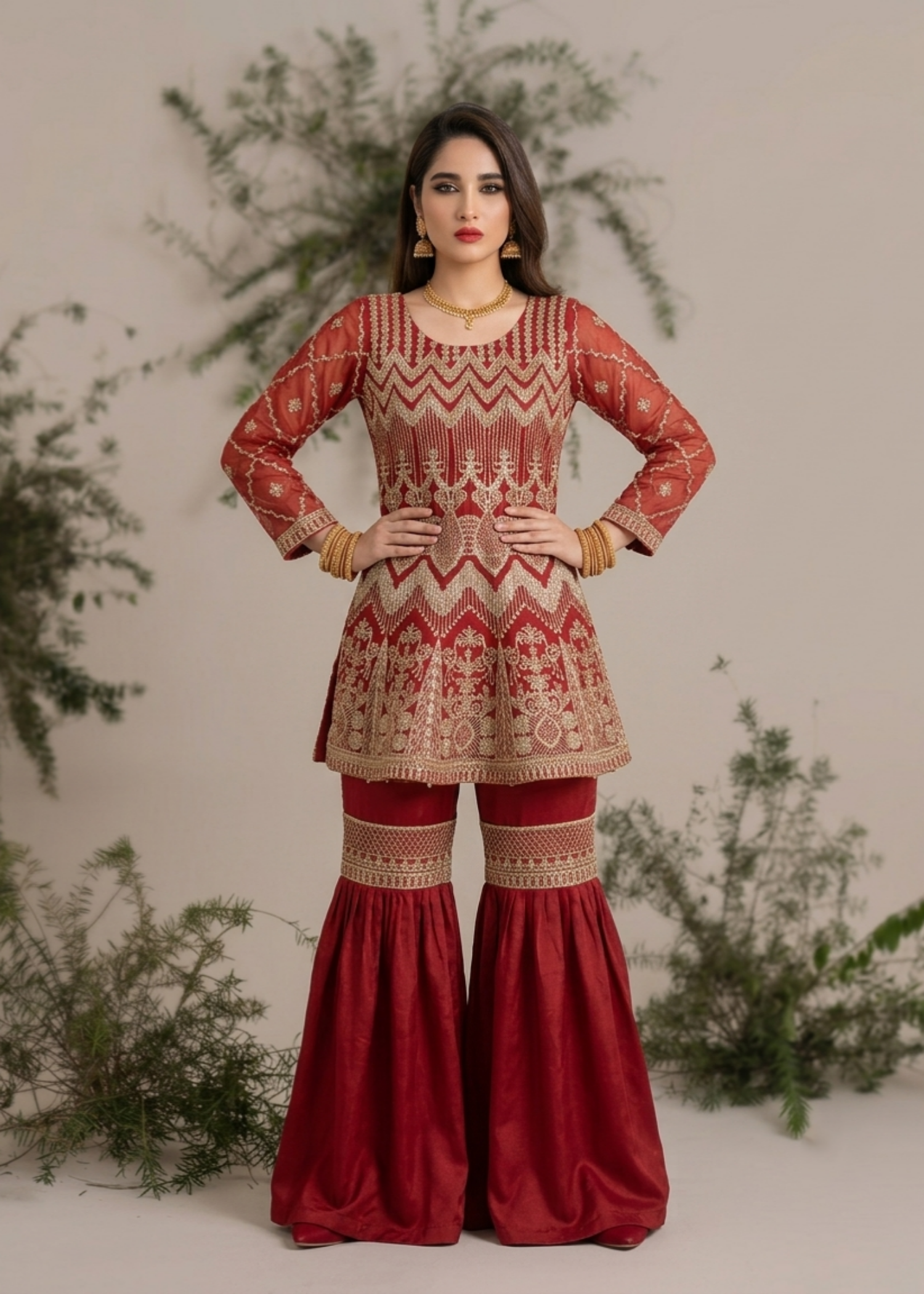 organza Gharara in Red
