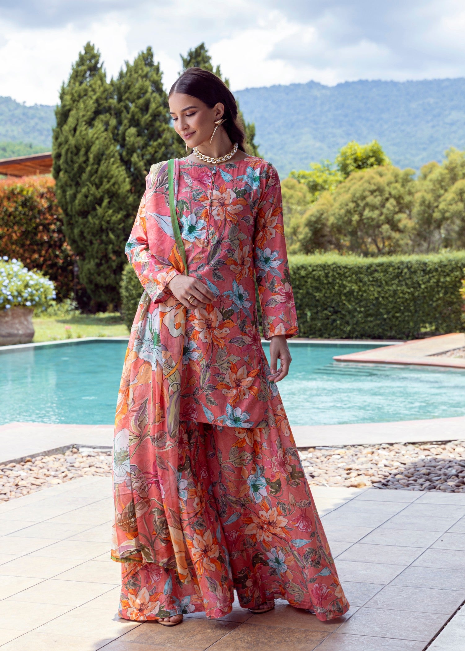 lawn Sharara in Peach pink