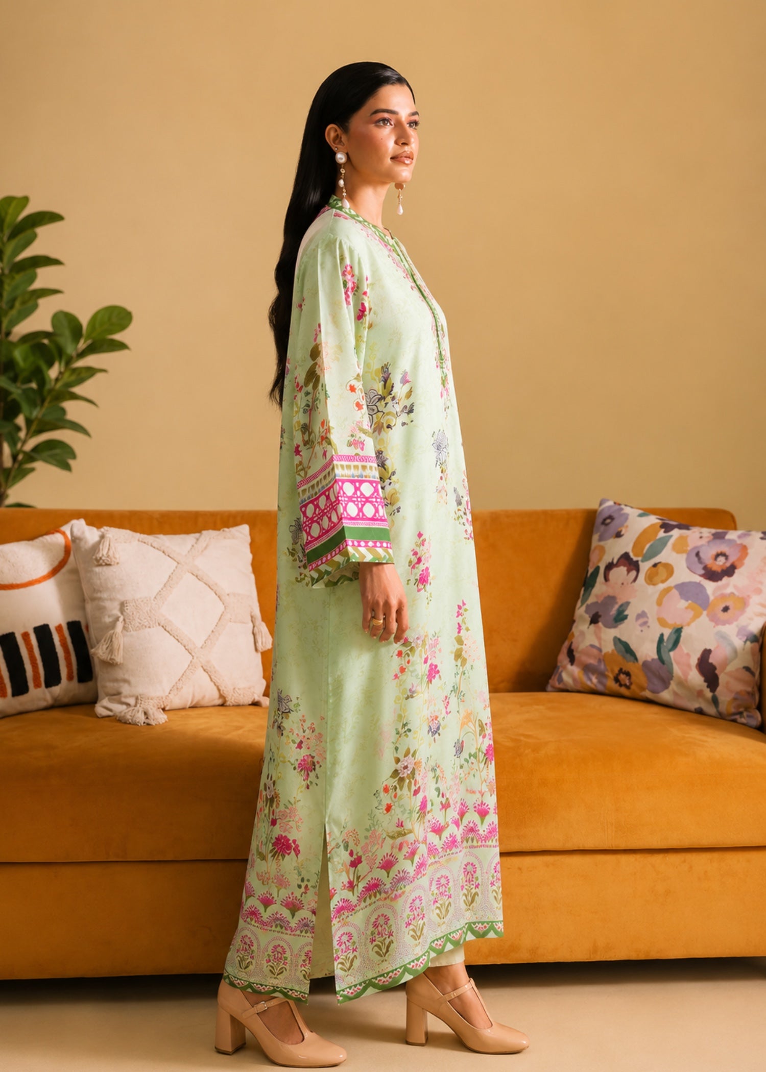 poly lawn Kaftan in Mint green