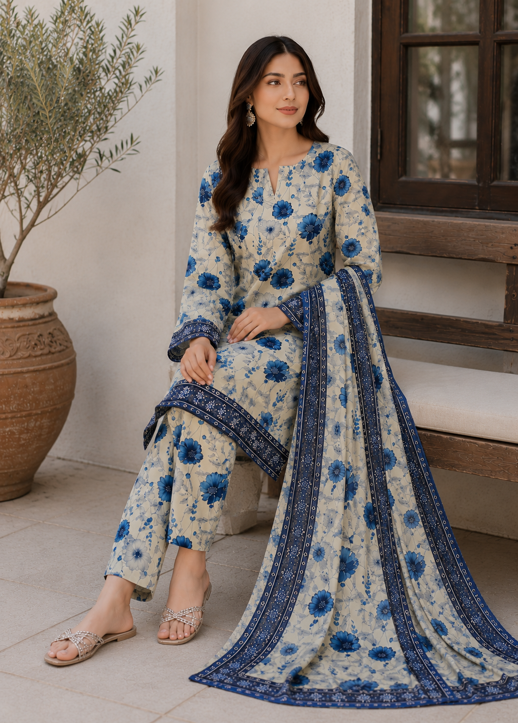 cotton Unstitched in Beige, blue