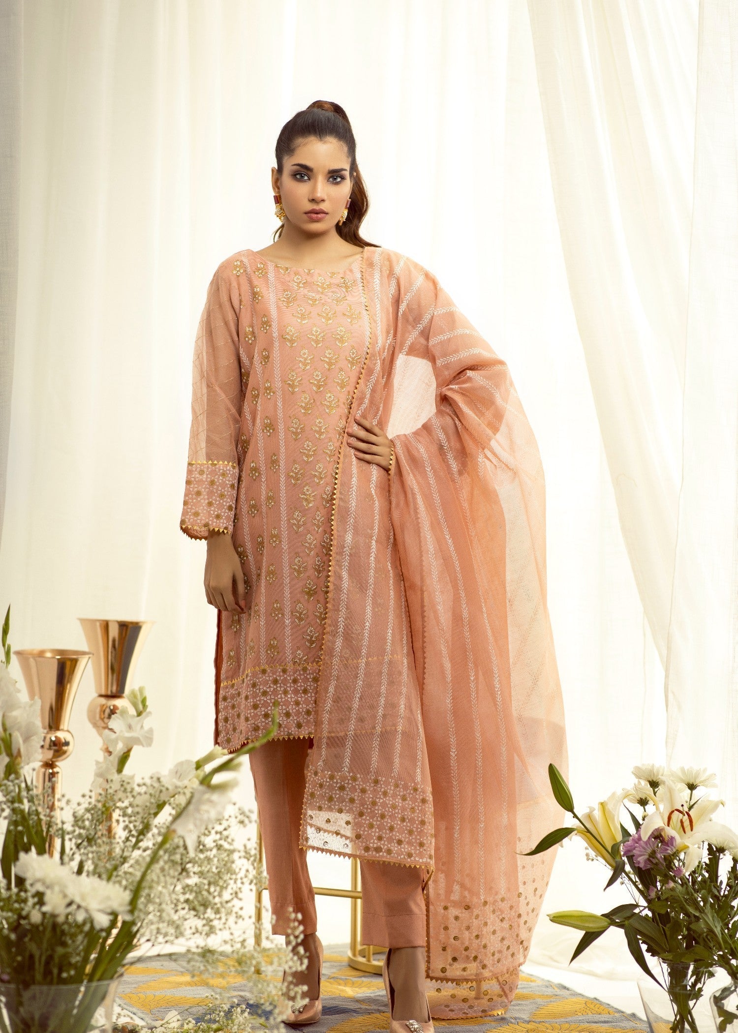 organza Kurta Set in Apricot orange