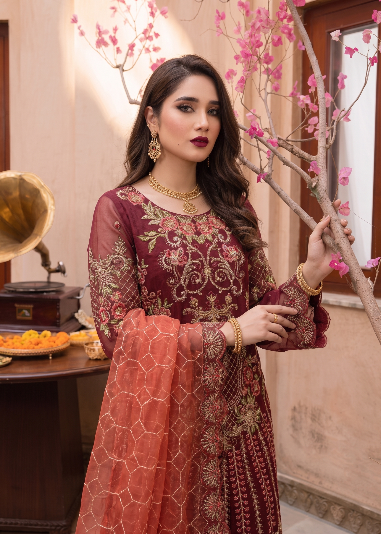 organza Gharara in Maroon