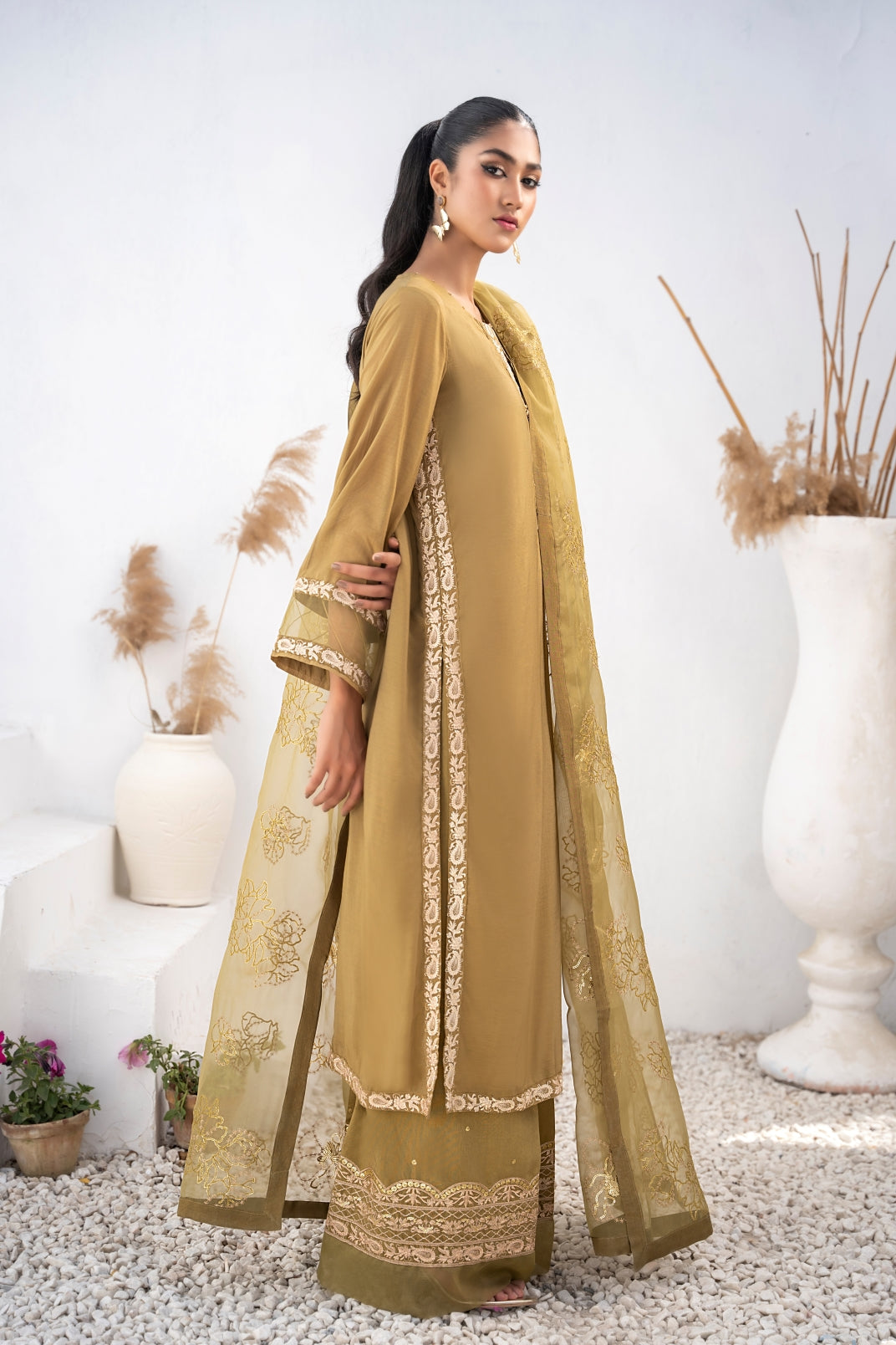 voile Kurta Set in Olive green