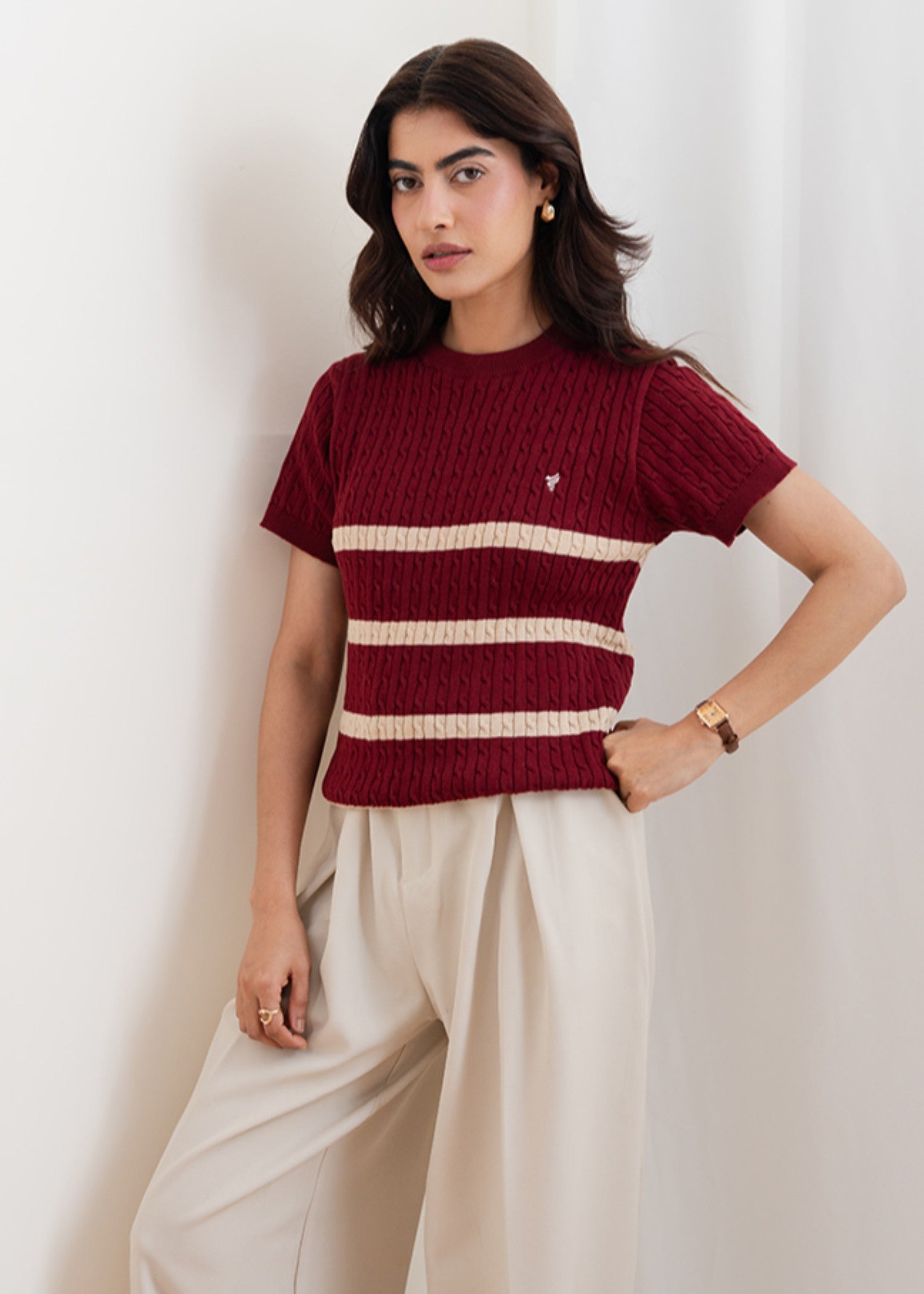 interlock knit T Shirt in Maroon