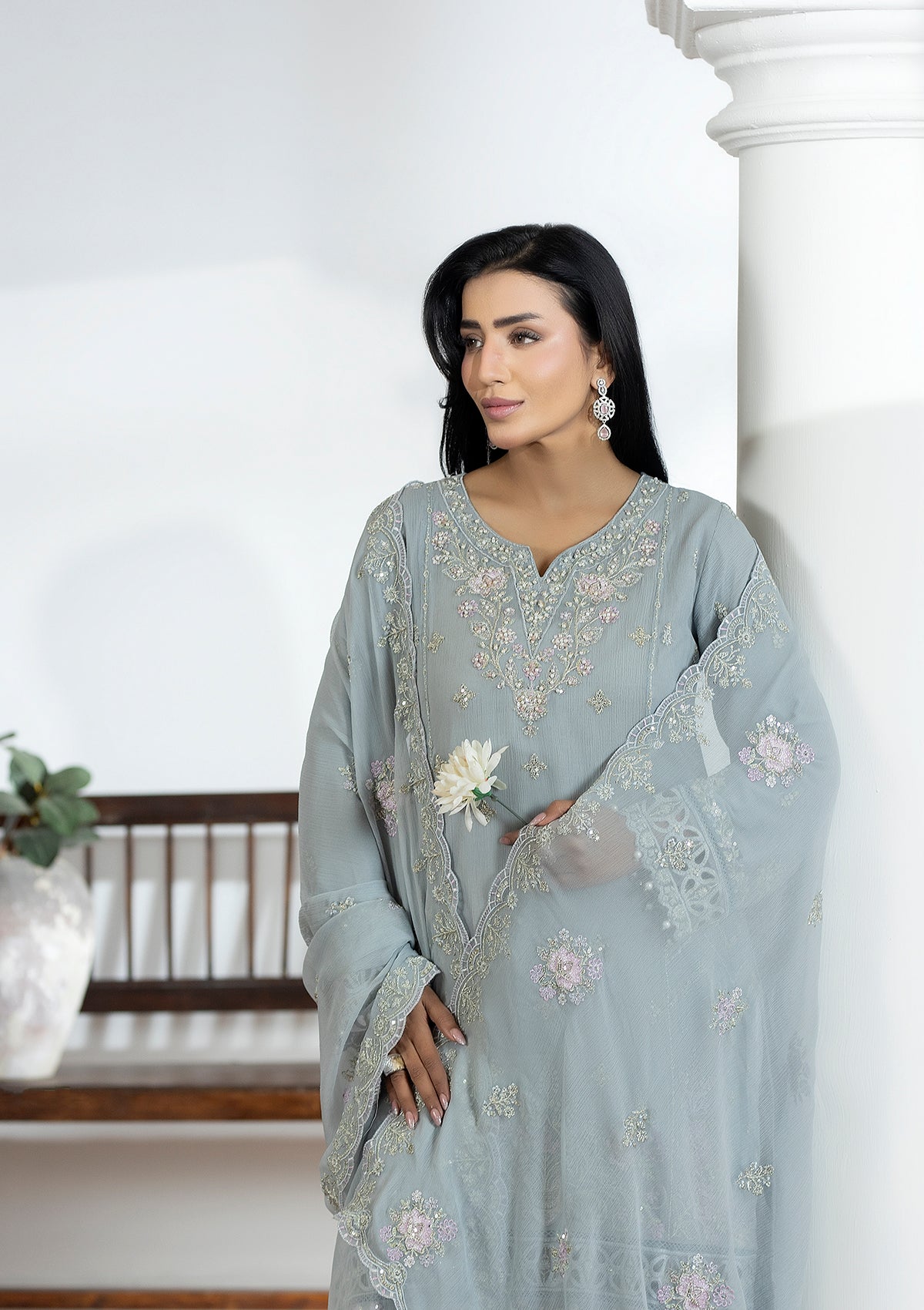 chiffon Kurta Set in Ash grey