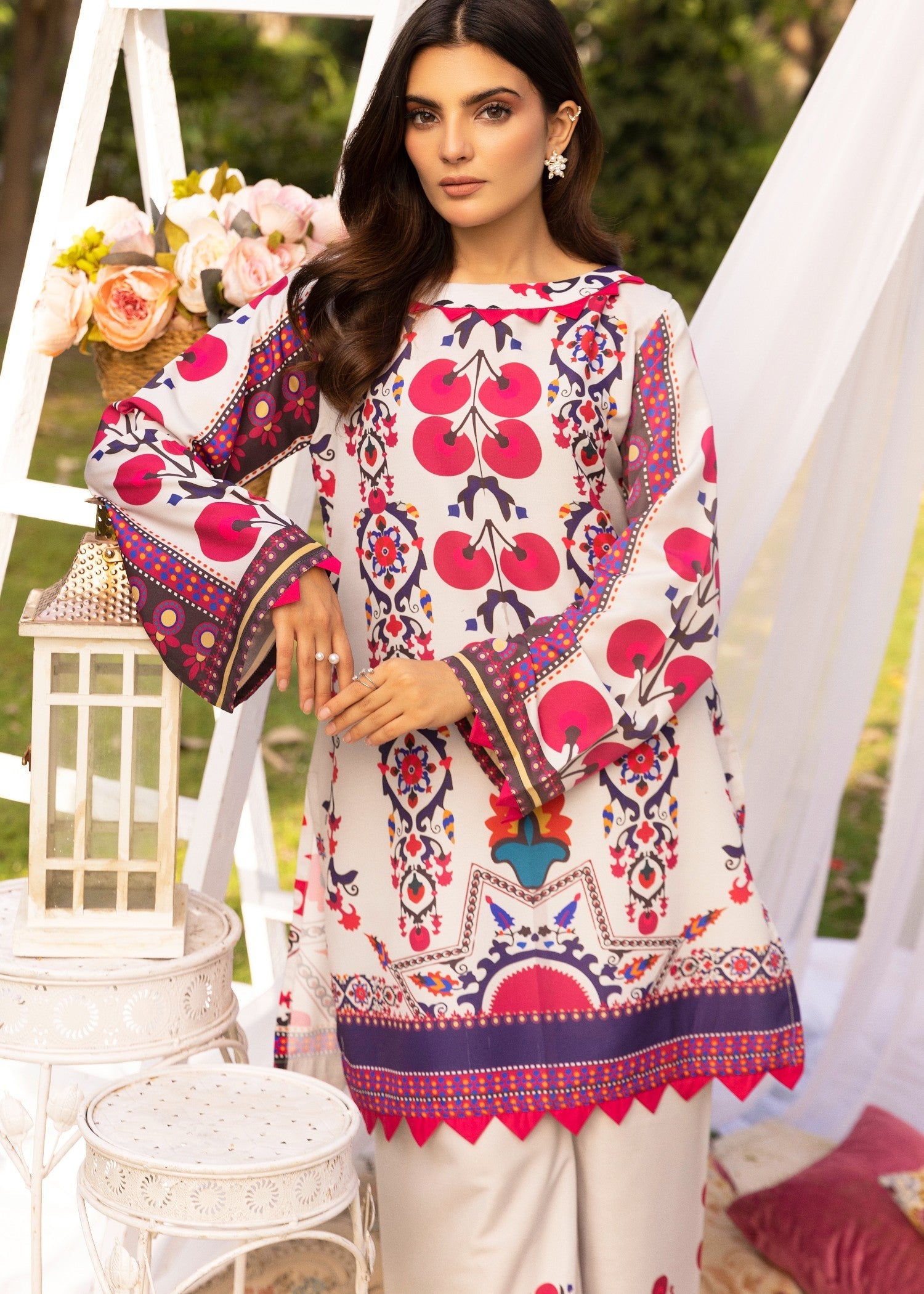 lawn Co Ord Sets in White, hot pink red