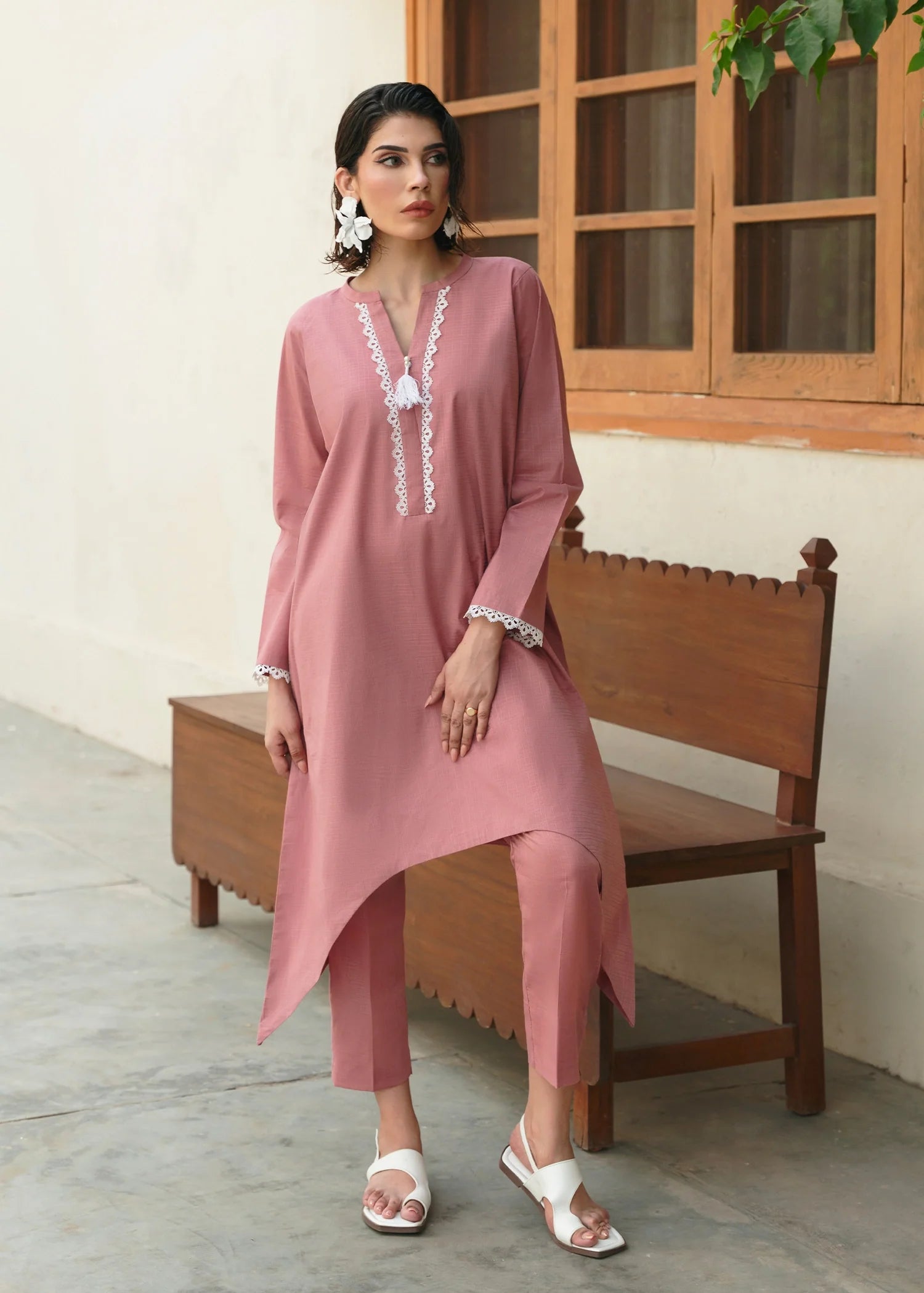 textured lawn Short Frock in Tea rose pink
