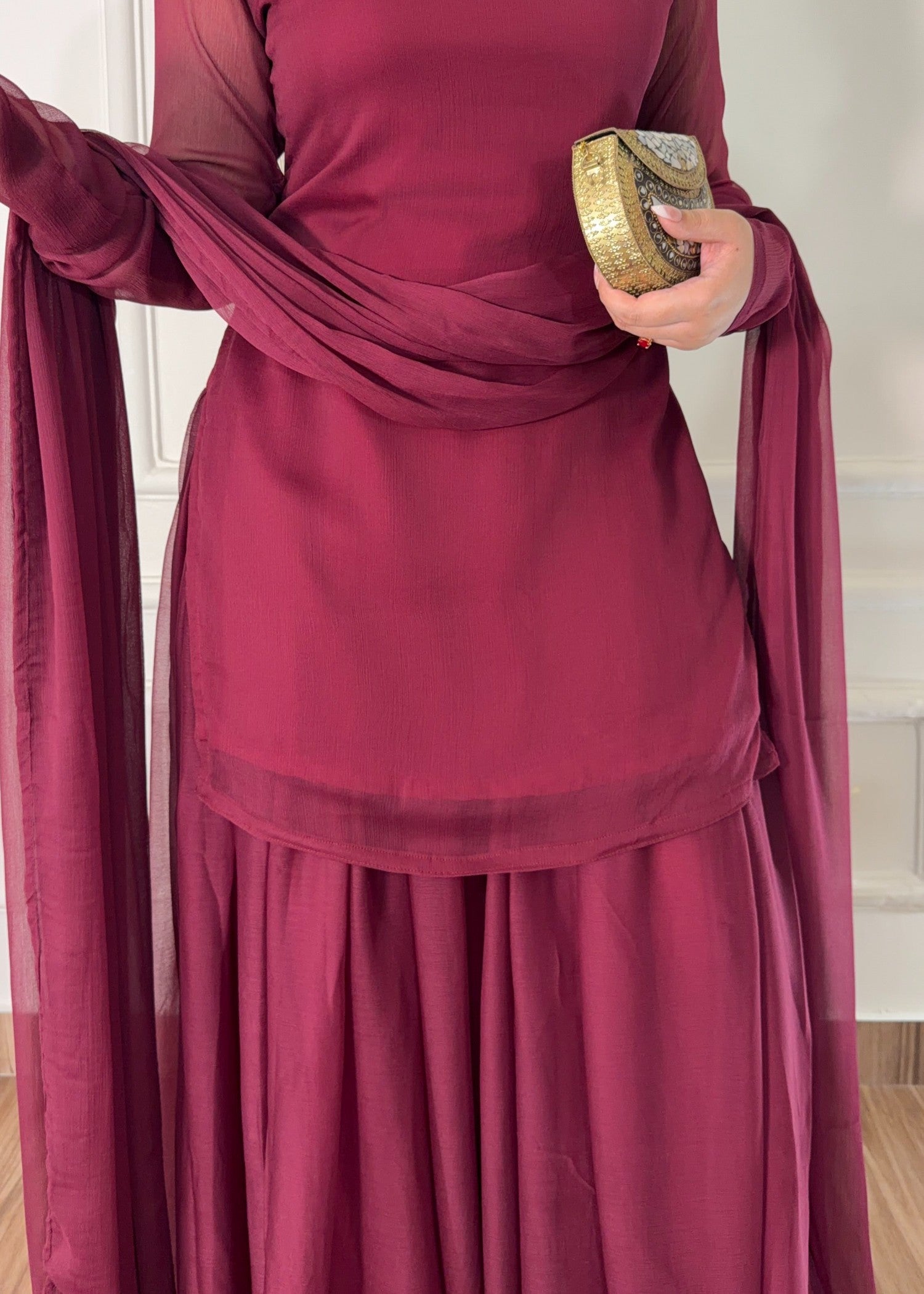 bemberg crinkle chiffon Sharara in Maroon