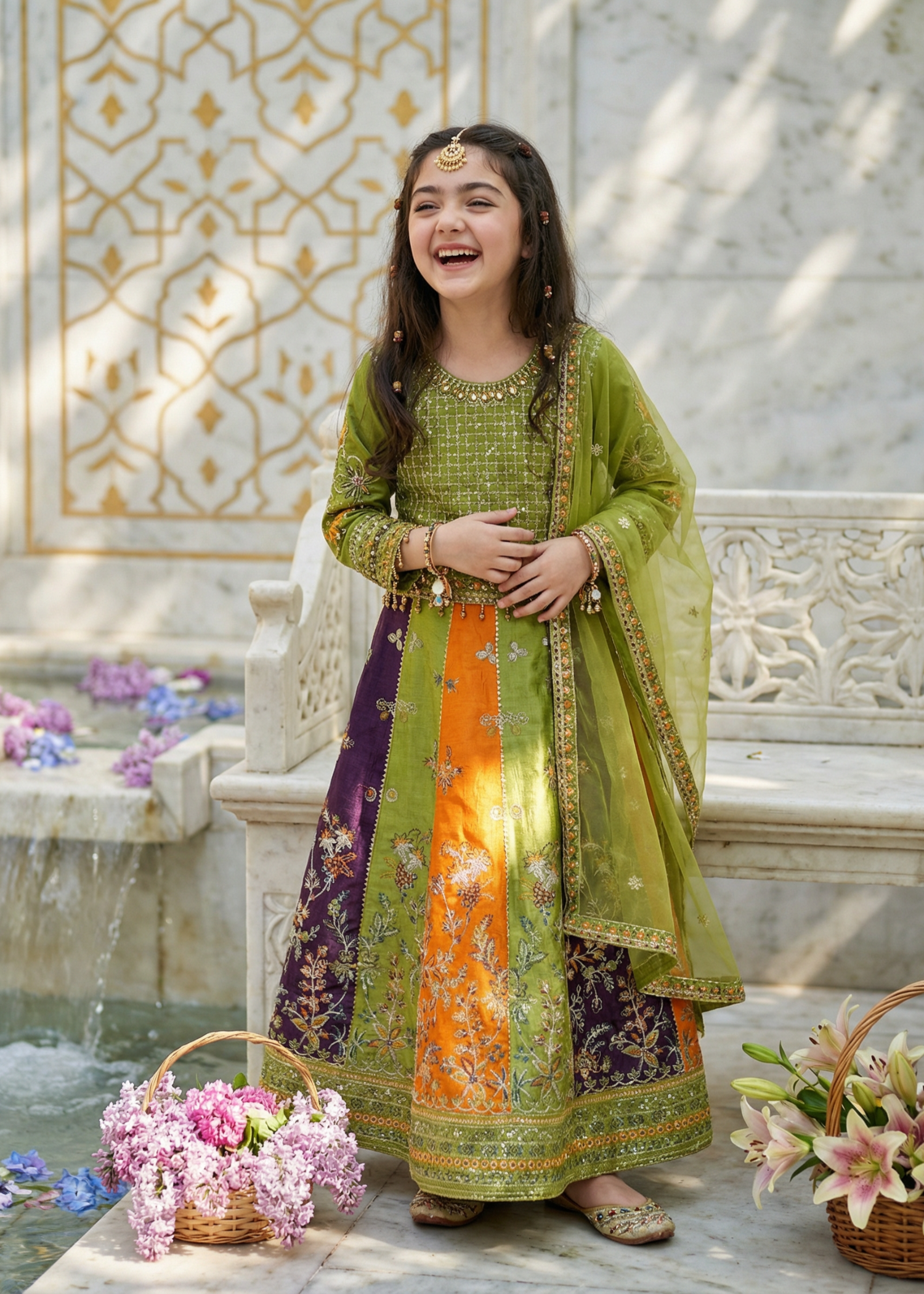 raw silk Lehenga in Olive green, multi
