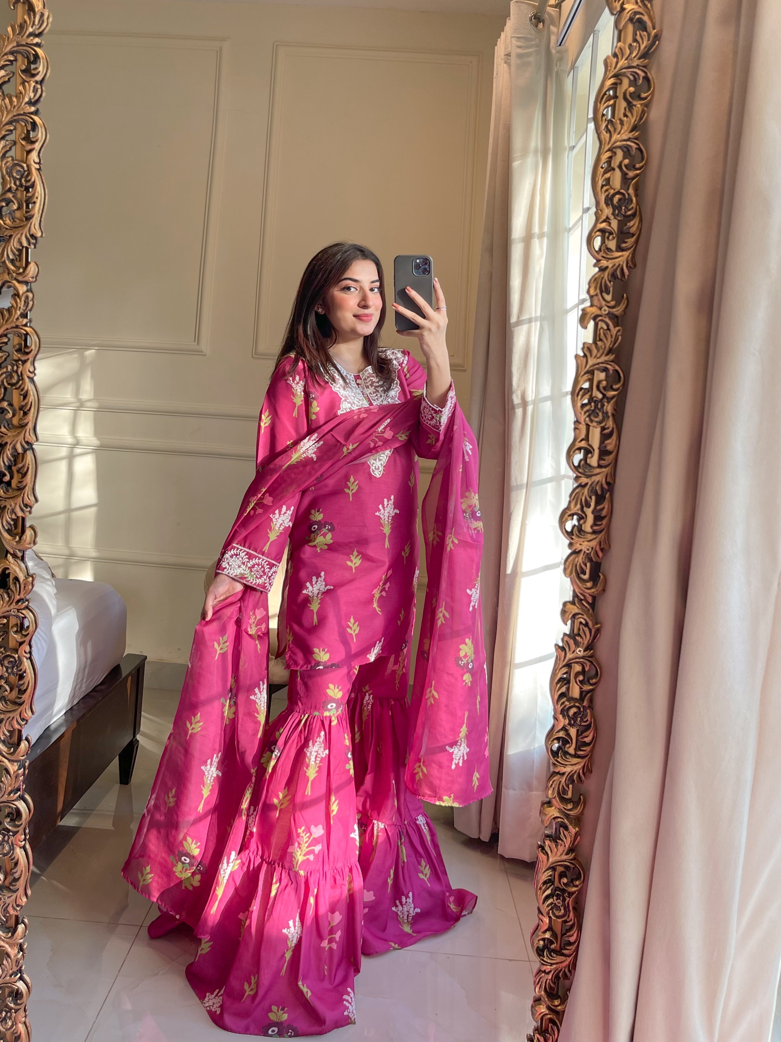poly lawn Gharara in Fuchsia pink
