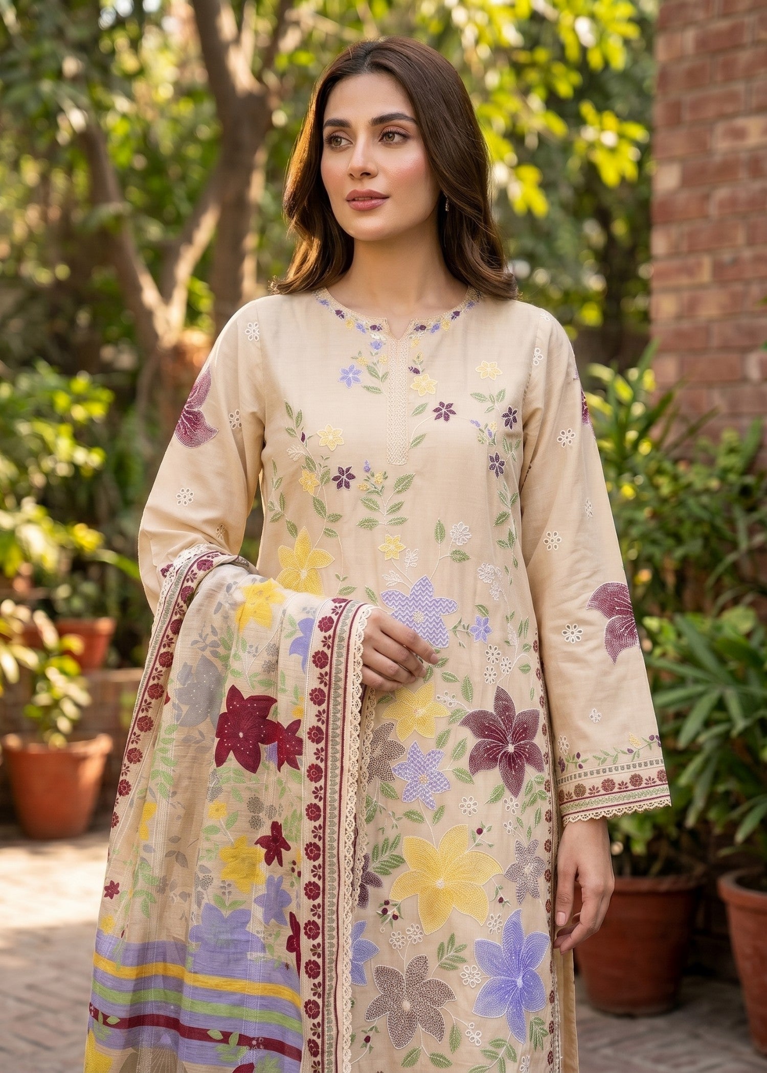lawn cotton Kurta Set in Wheat