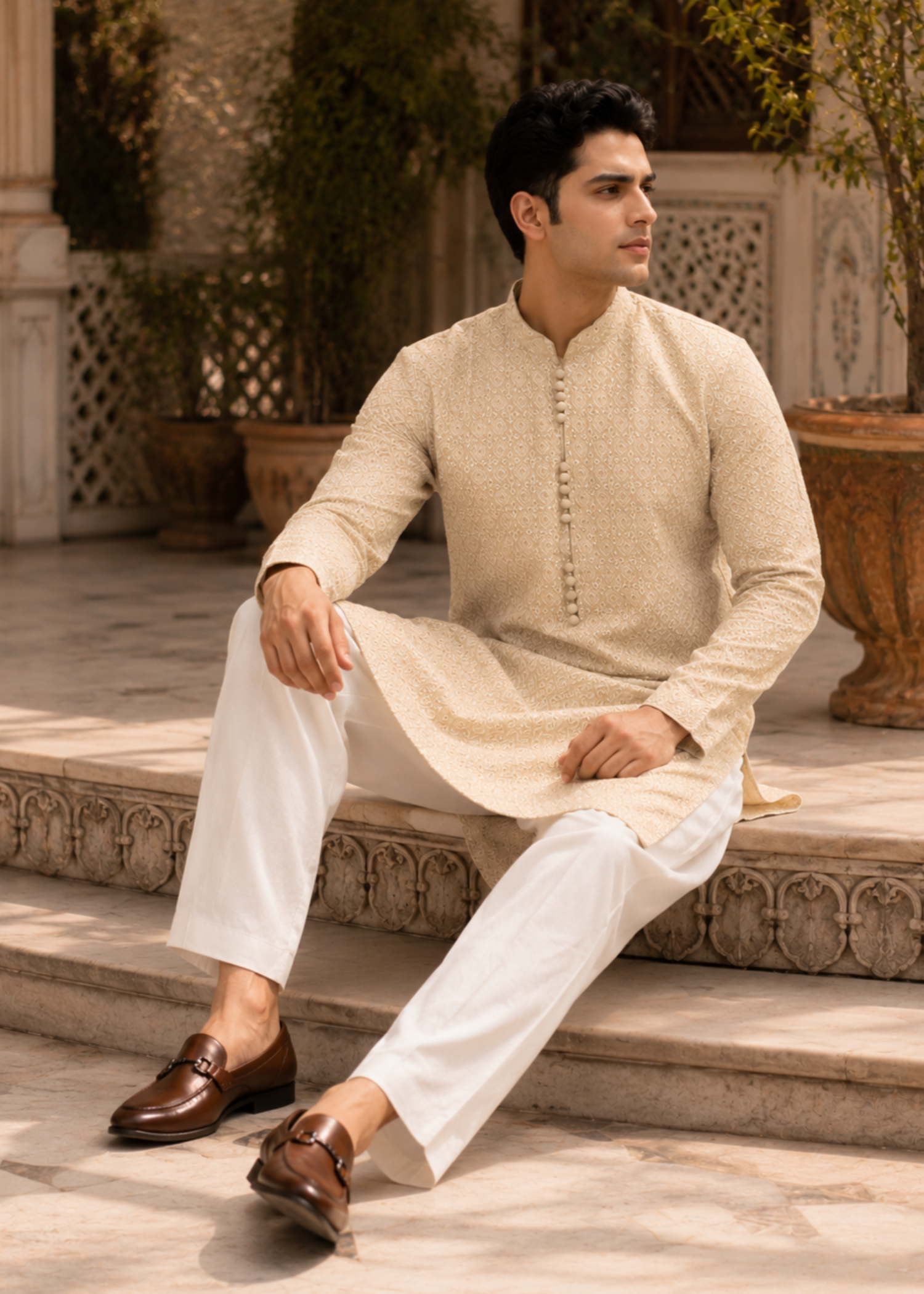 chikankari cotton Kurta Set in Cream by The Great Masters (TGM)