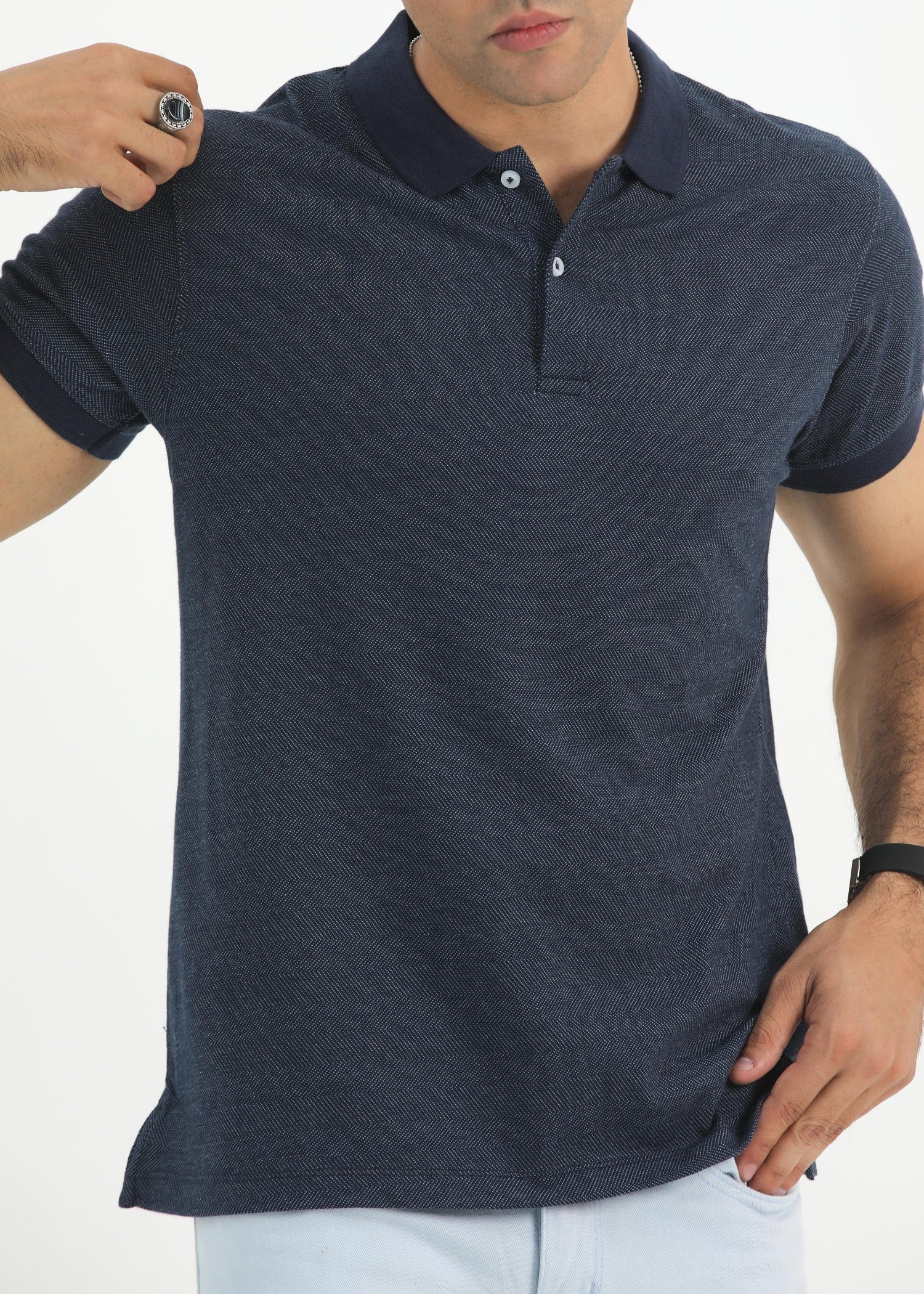 single jersey knit Polo Shirt in Dark blue