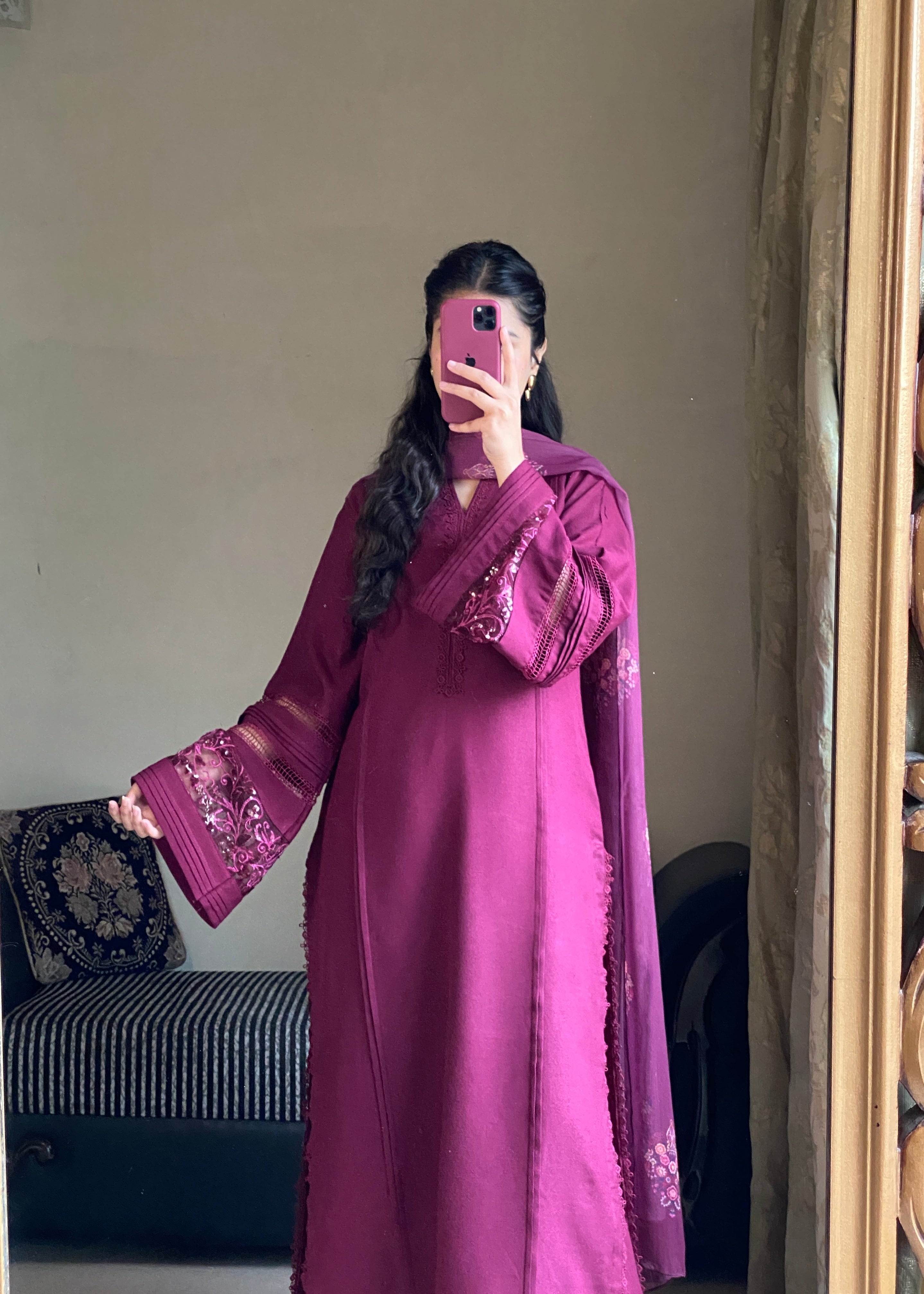 lawn cotton Kurta Set in Plum