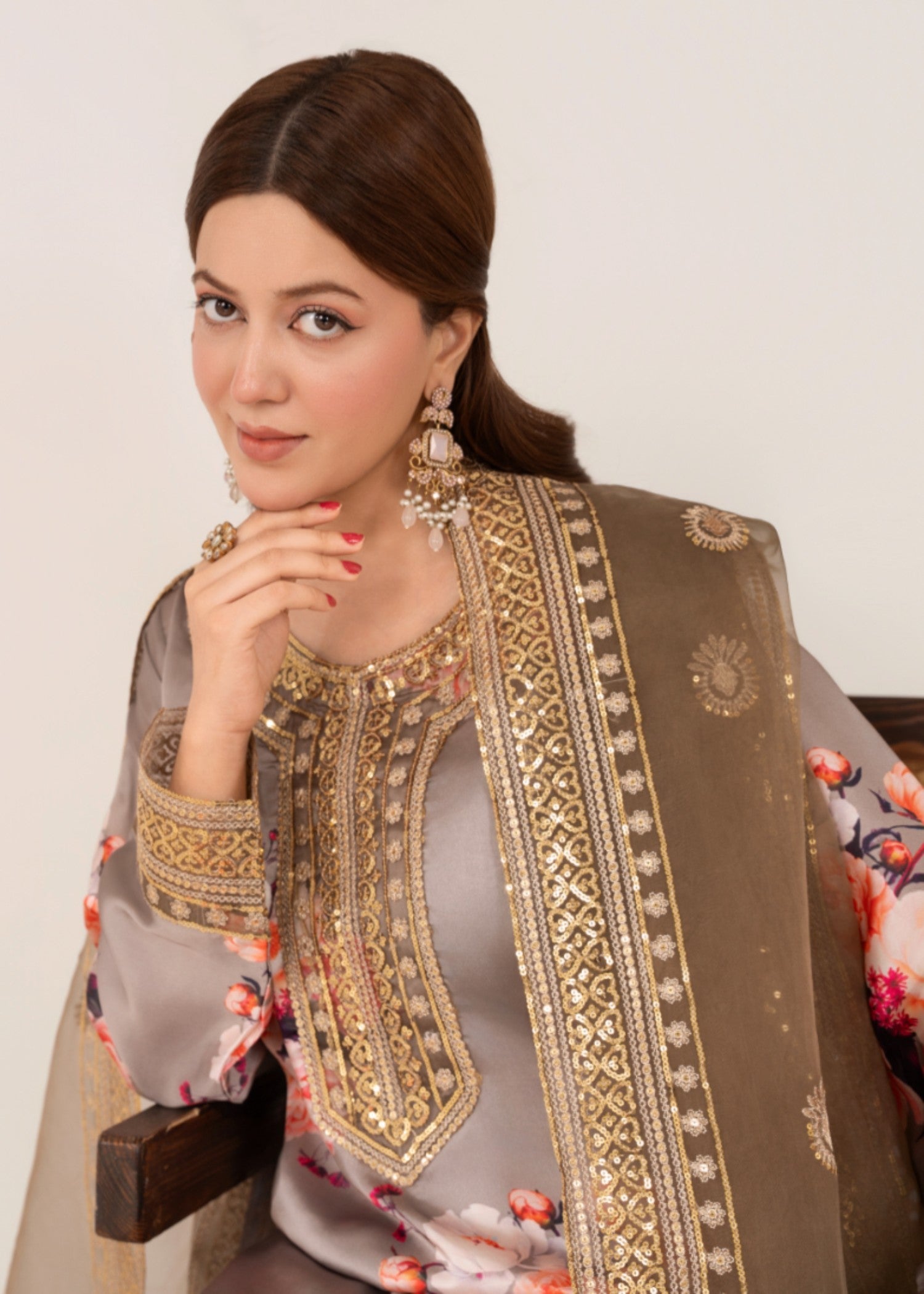 silk charmeuse Kurta Set in Light grey