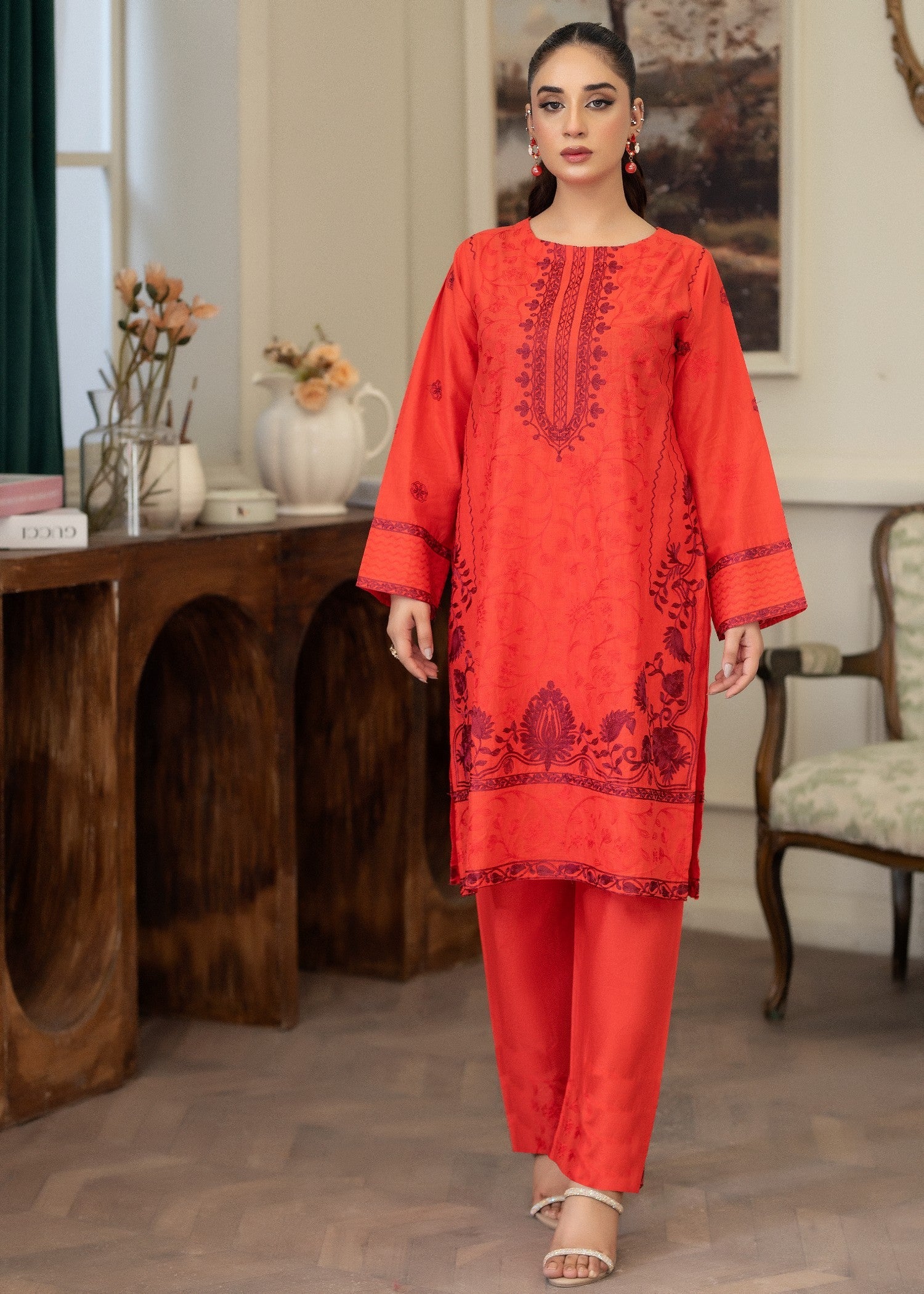 lawn cotton Kurta Set in Coral red