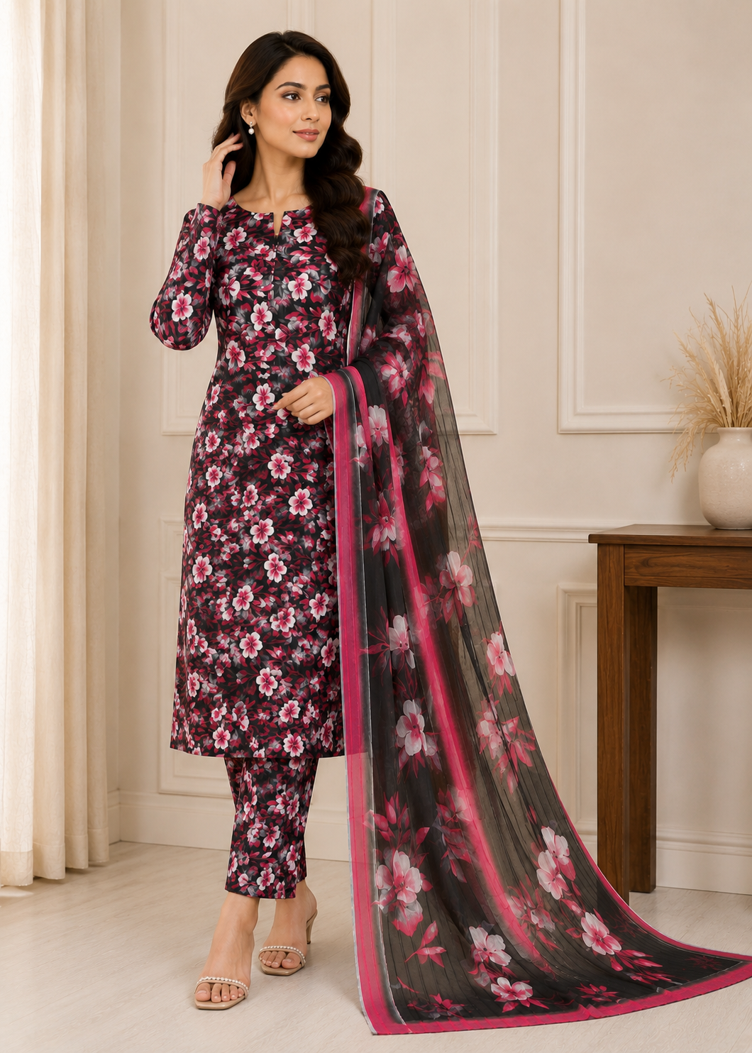 swiss lawn Unstitched in Black, hot pink