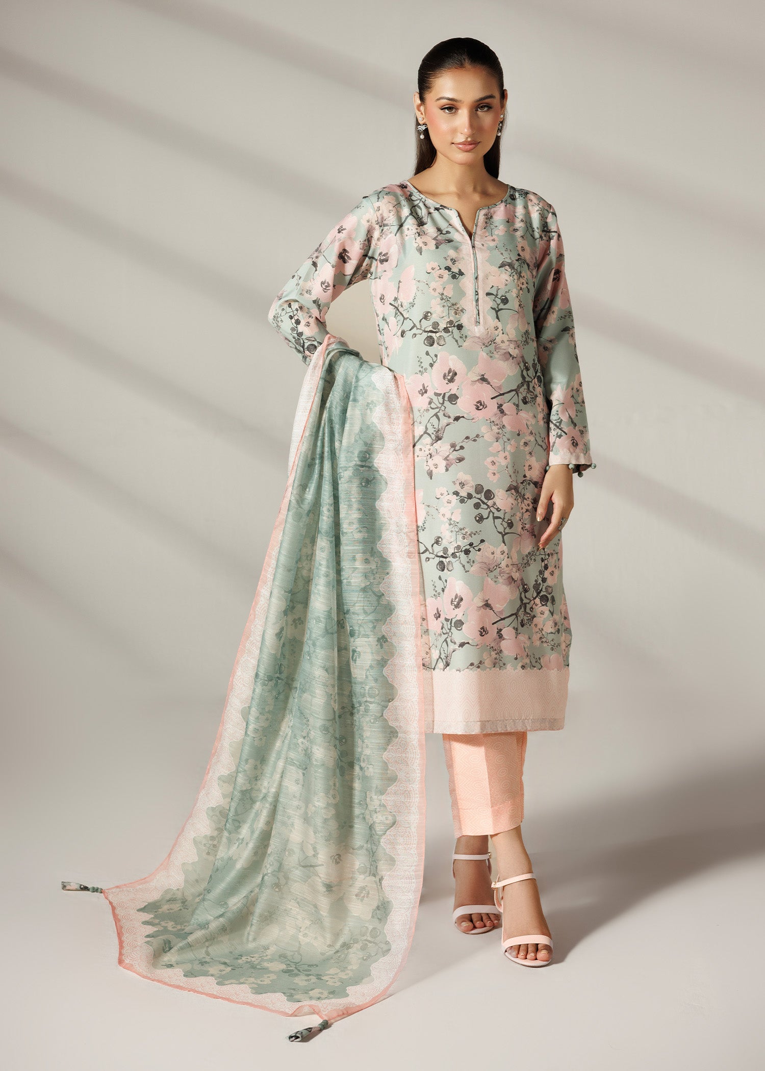 silk finish lawn Kurta Set in Multi