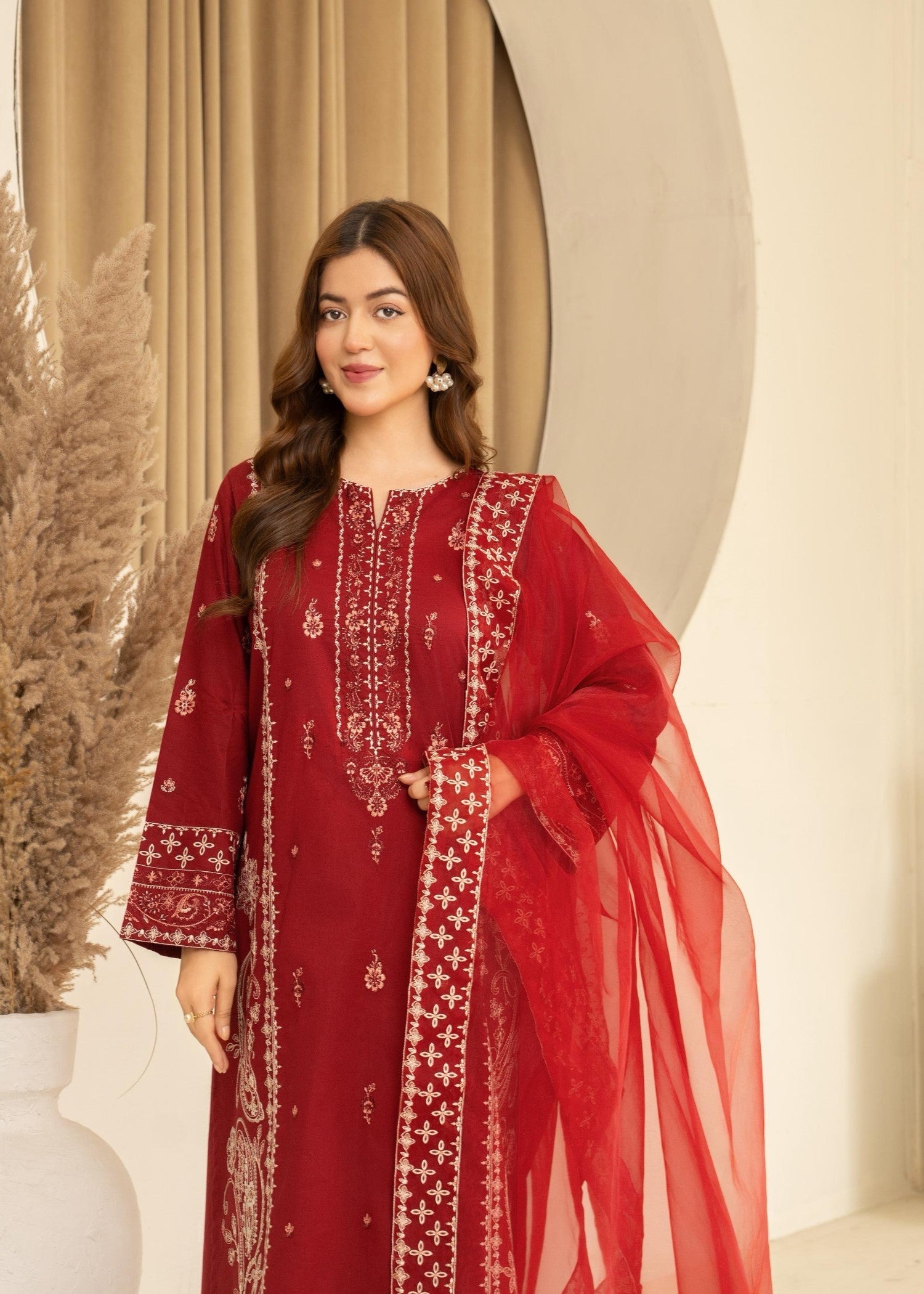 lawn cotton Kurta Set in Chili red