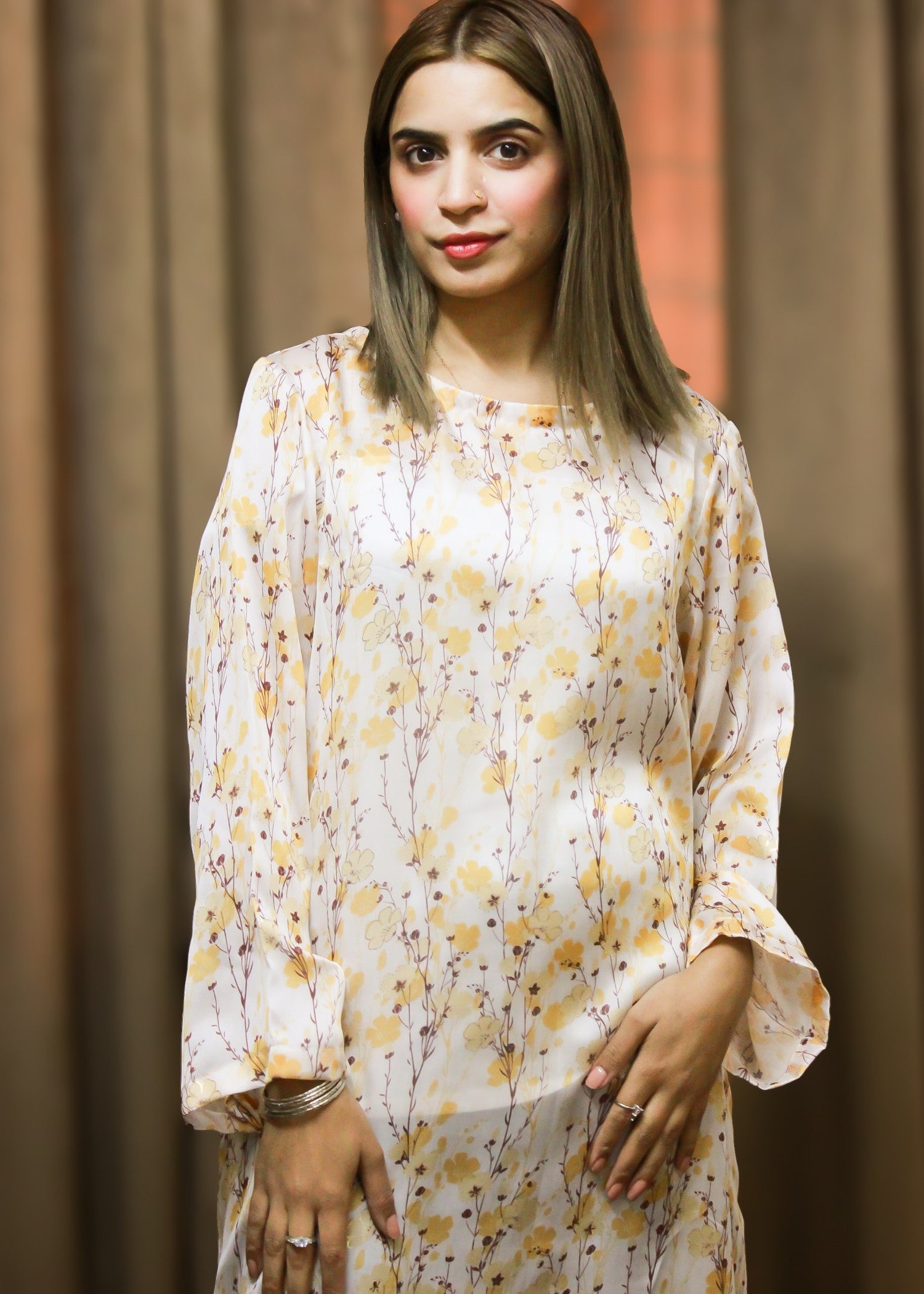 silk Kaftan in Lemon, off-white, butter